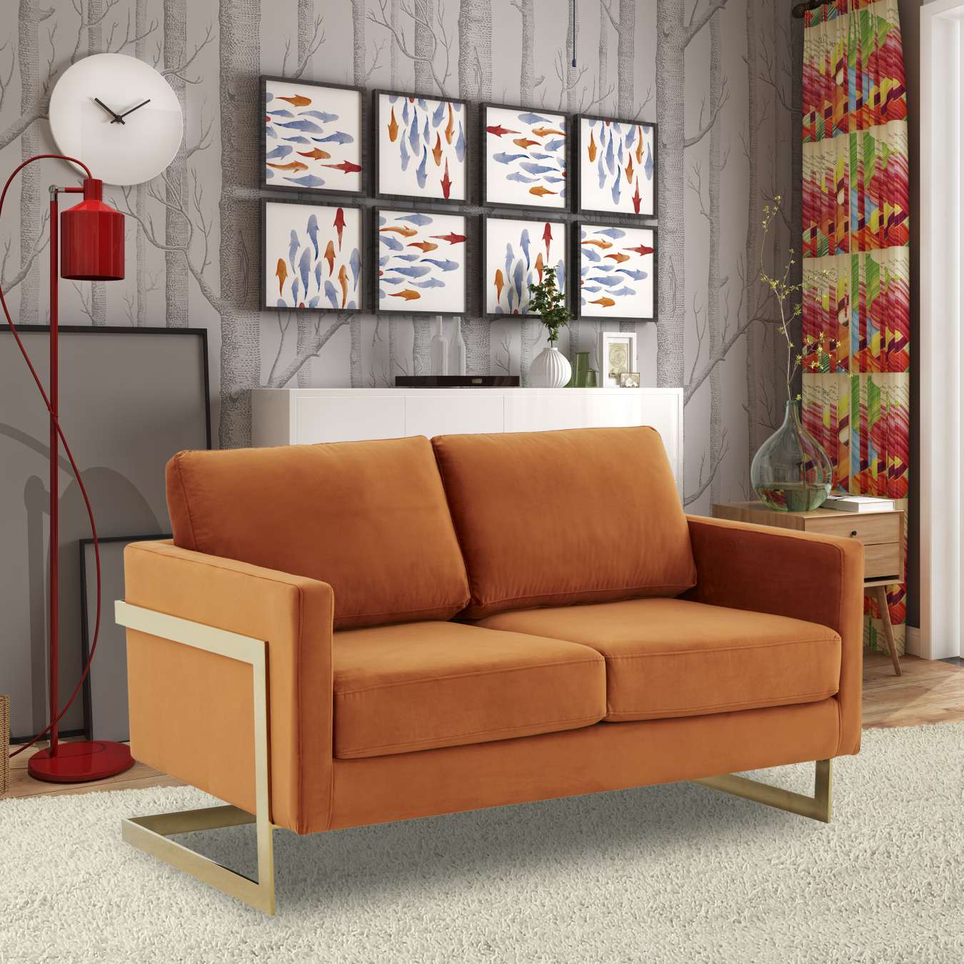 LeisureMod Lincoln Modern Mid-Century Upholstered Velvet Loveseat with Gold Frame - Image 31