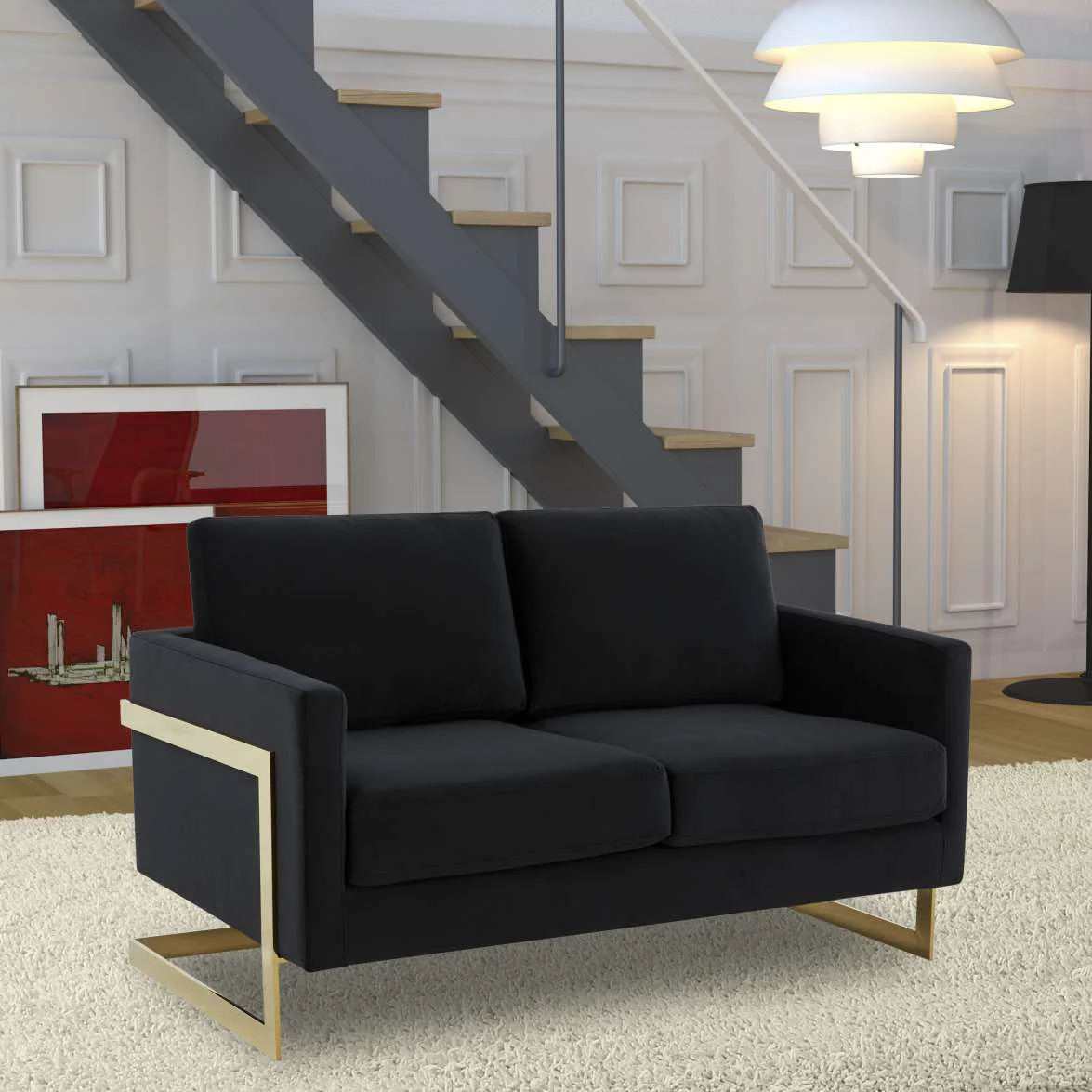 LeisureMod Lincoln Modern Mid-Century Upholstered Velvet Loveseat with Gold Frame - Image 8