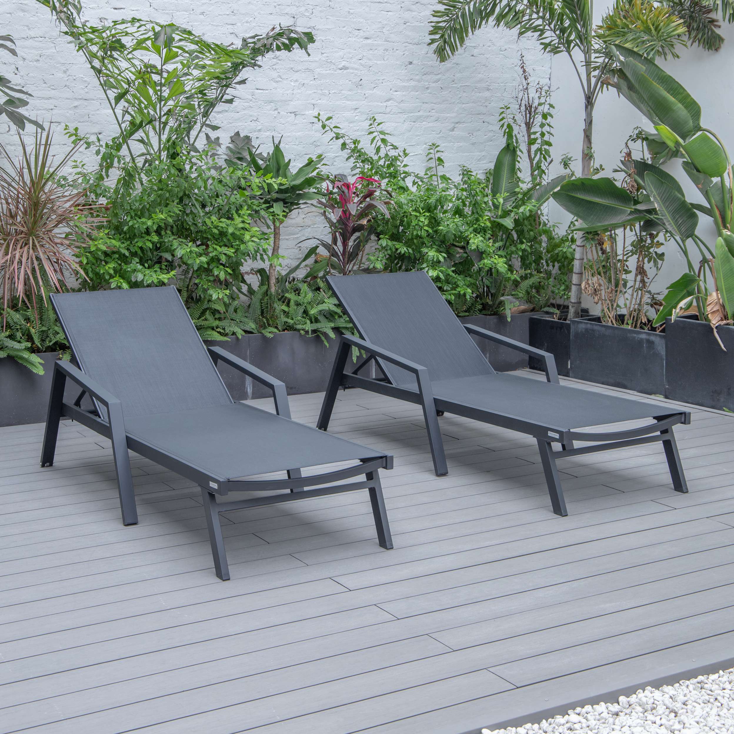 LeisureMod Marlin Patio Chaise Lounge Chair With Armrests in Black Aluminum Frame, Set of 2 - Image 14