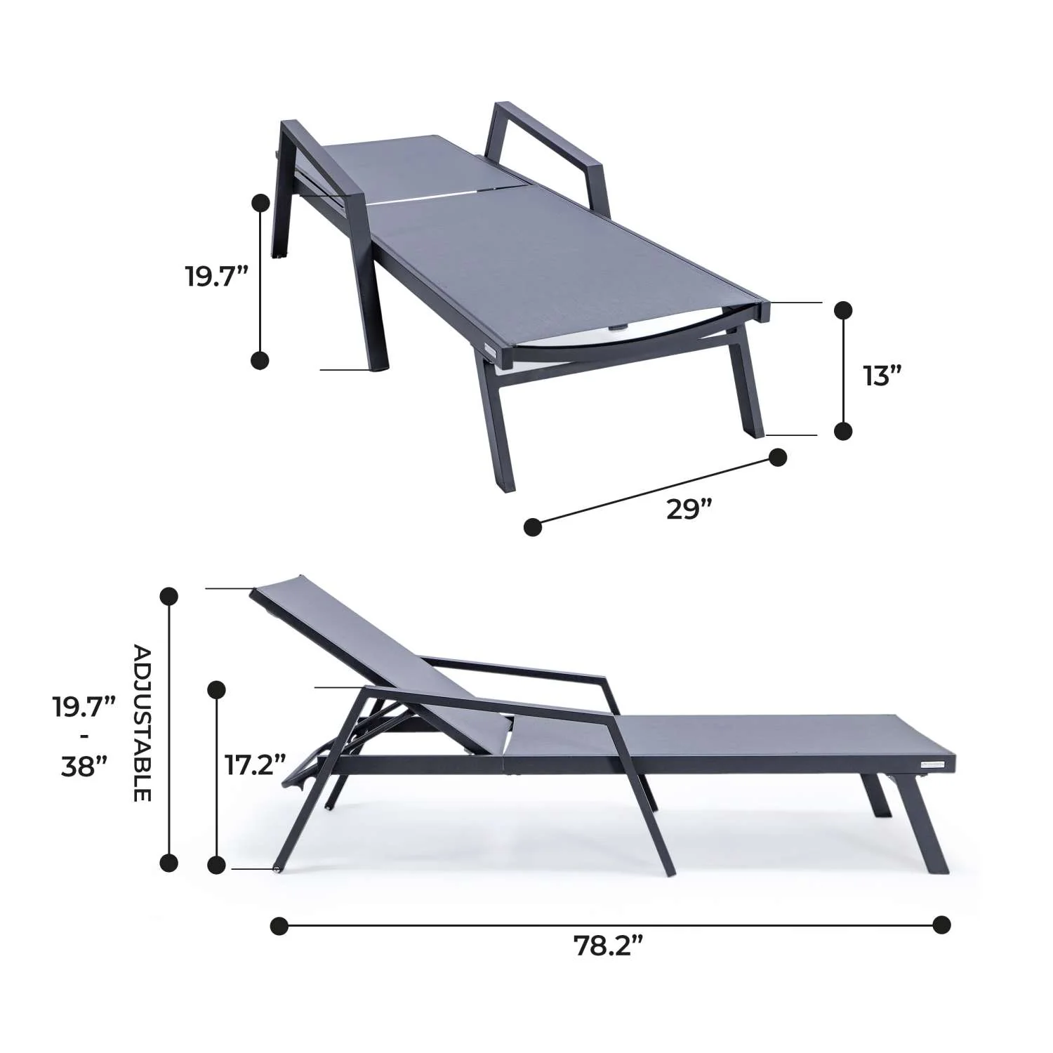 LeisureMod Marlin Patio Chaise Lounge Chair With Armrests in Black Aluminum Frame, Set of 2 - Image 26