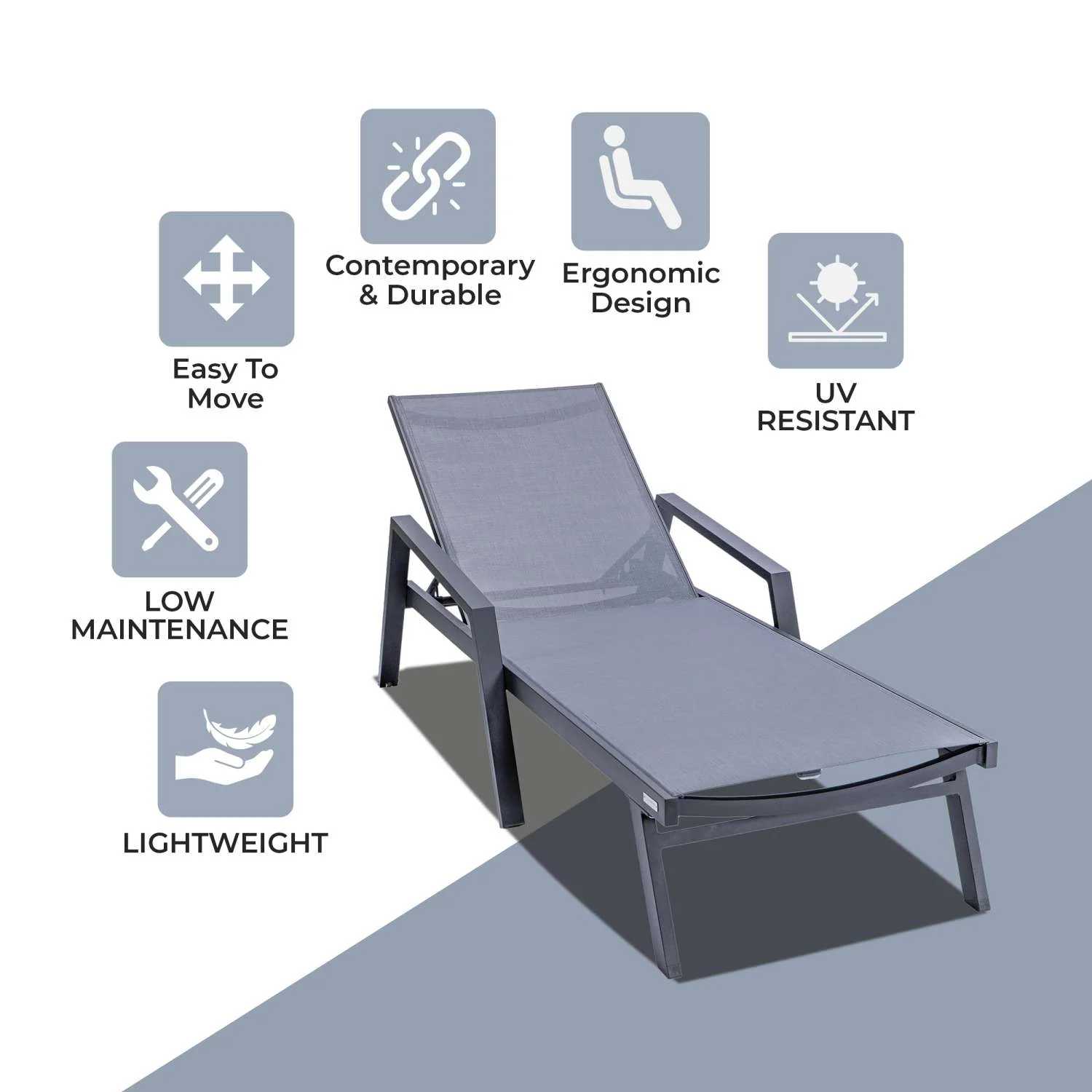 LeisureMod Marlin Patio Chaise Lounge Chair With Armrests in Black Aluminum Frame, Set of 2 - Image 27