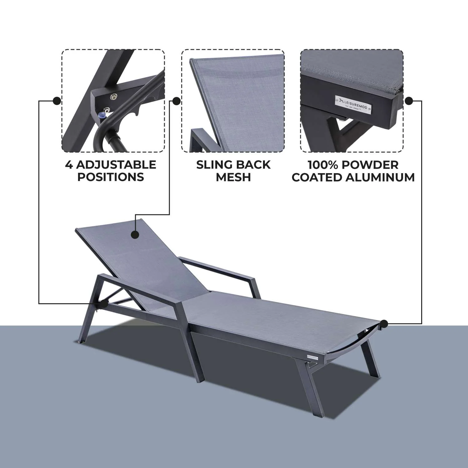 LeisureMod Marlin Patio Chaise Lounge Chair With Armrests in Black Aluminum Frame, Set of 2 - Image 28