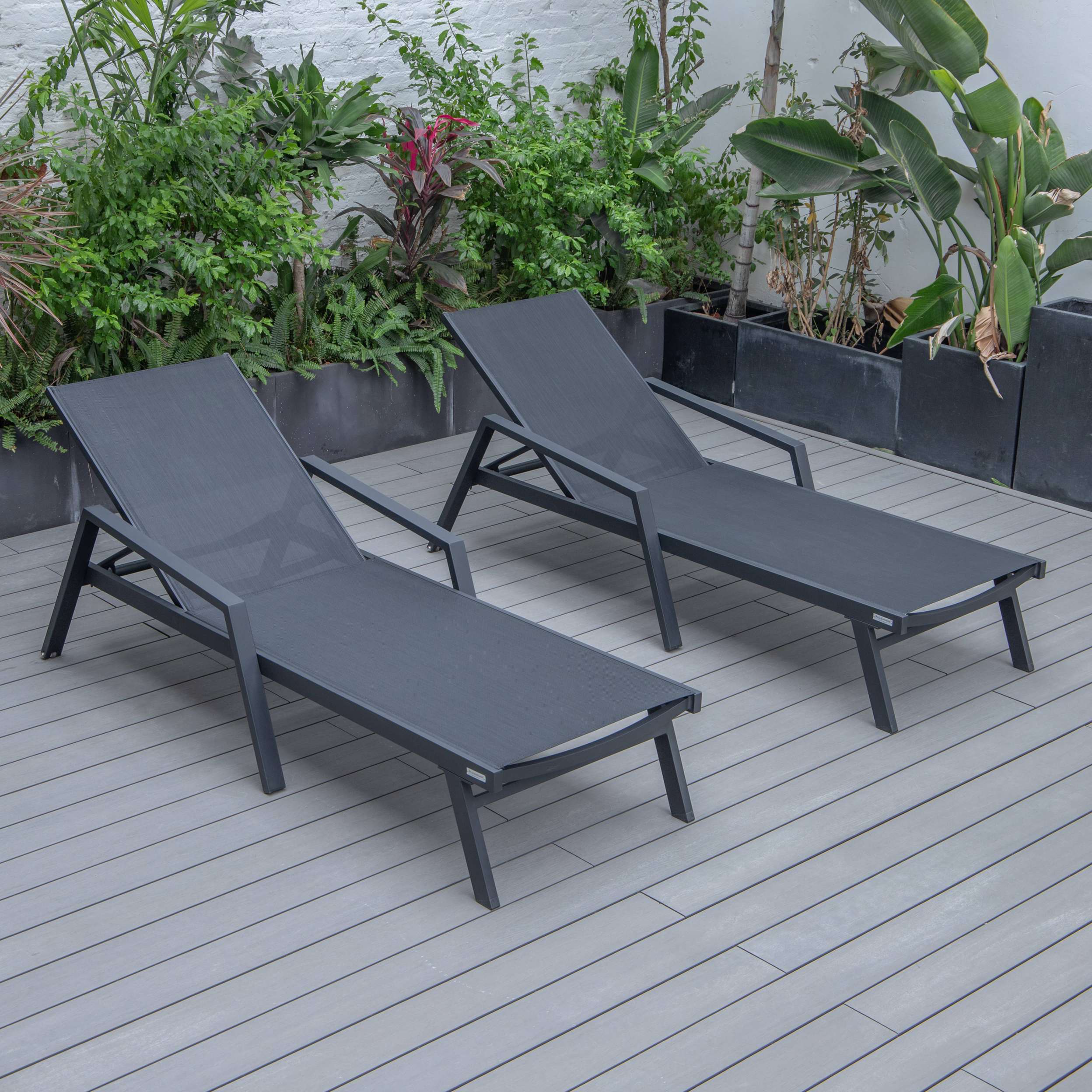 LeisureMod Marlin Patio Chaise Lounge Chair With Armrests in Black Aluminum Frame, Set of 2 - Image 3