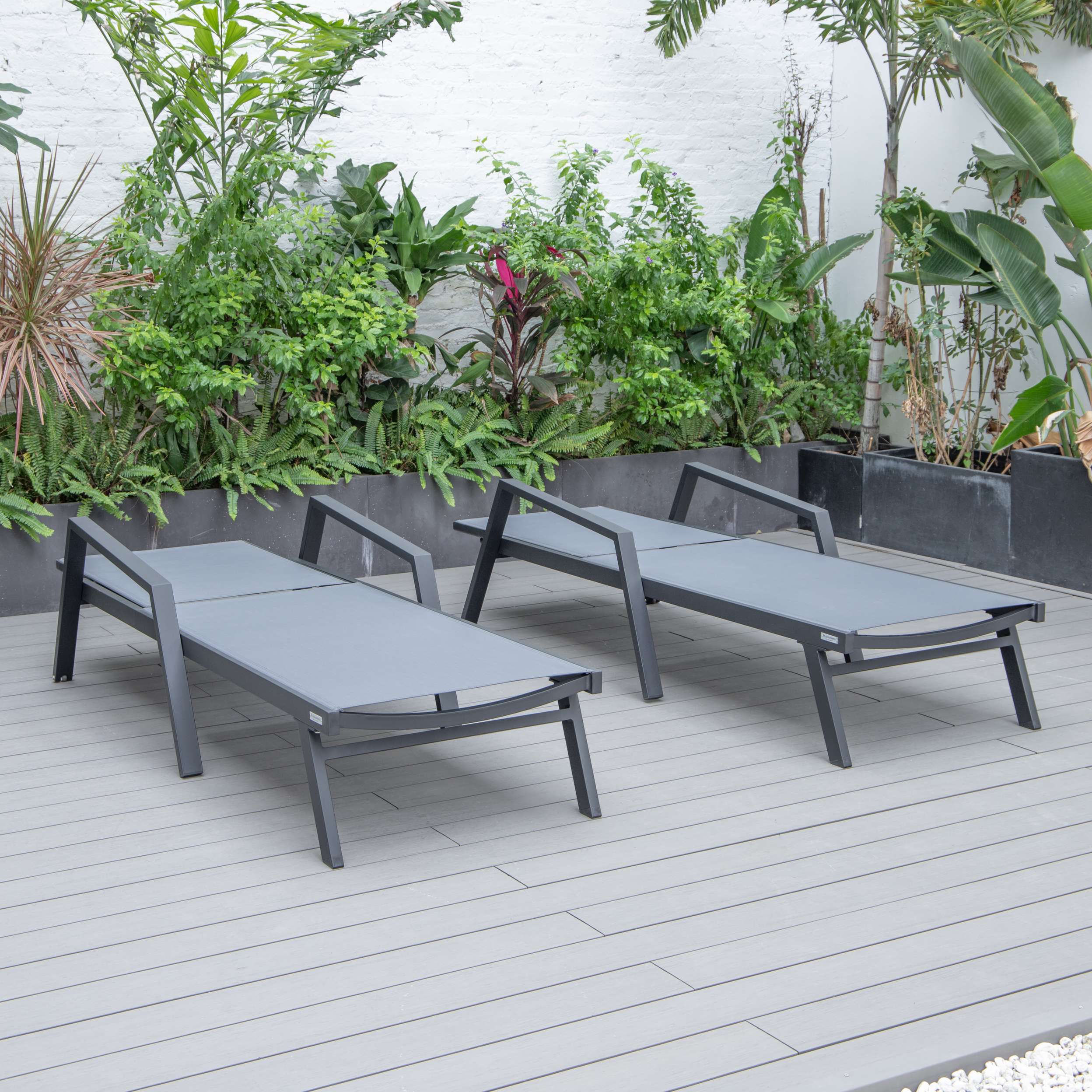LeisureMod Marlin Patio Chaise Lounge Chair With Armrests in Black Aluminum Frame, Set of 2 - Image 35