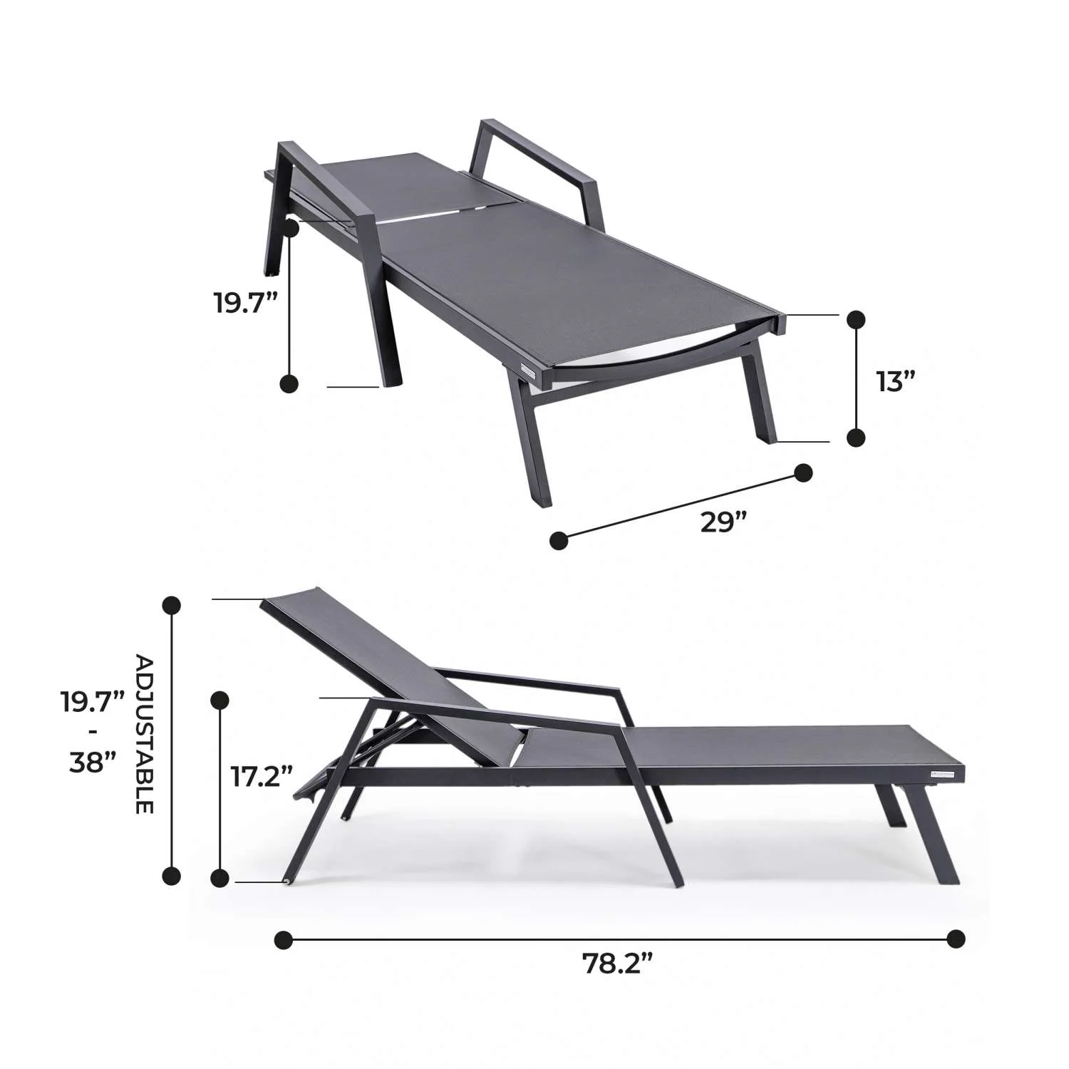 LeisureMod Marlin Patio Chaise Lounge Chair With Armrests in Black Aluminum Frame, Set of 2 - Image 5