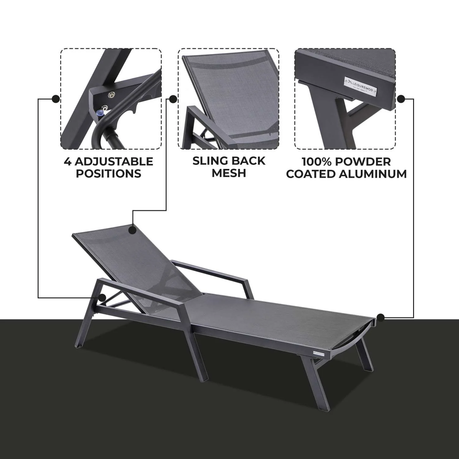 LeisureMod Marlin Patio Chaise Lounge Chair With Armrests in Black Aluminum Frame, Set of 2 - Image 6