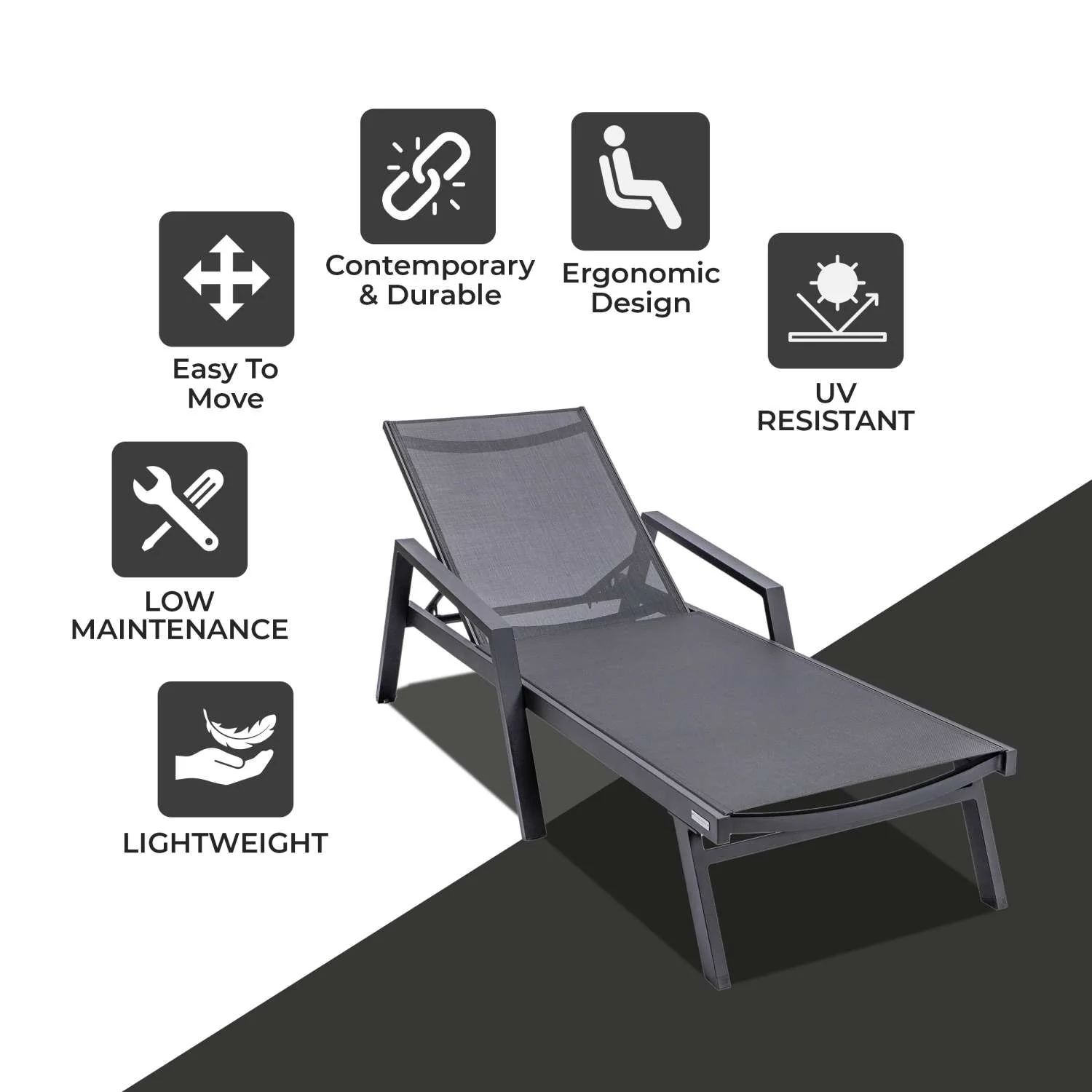 LeisureMod Marlin Patio Chaise Lounge Chair With Armrests in Black Aluminum Frame, Set of 2 - Image 7