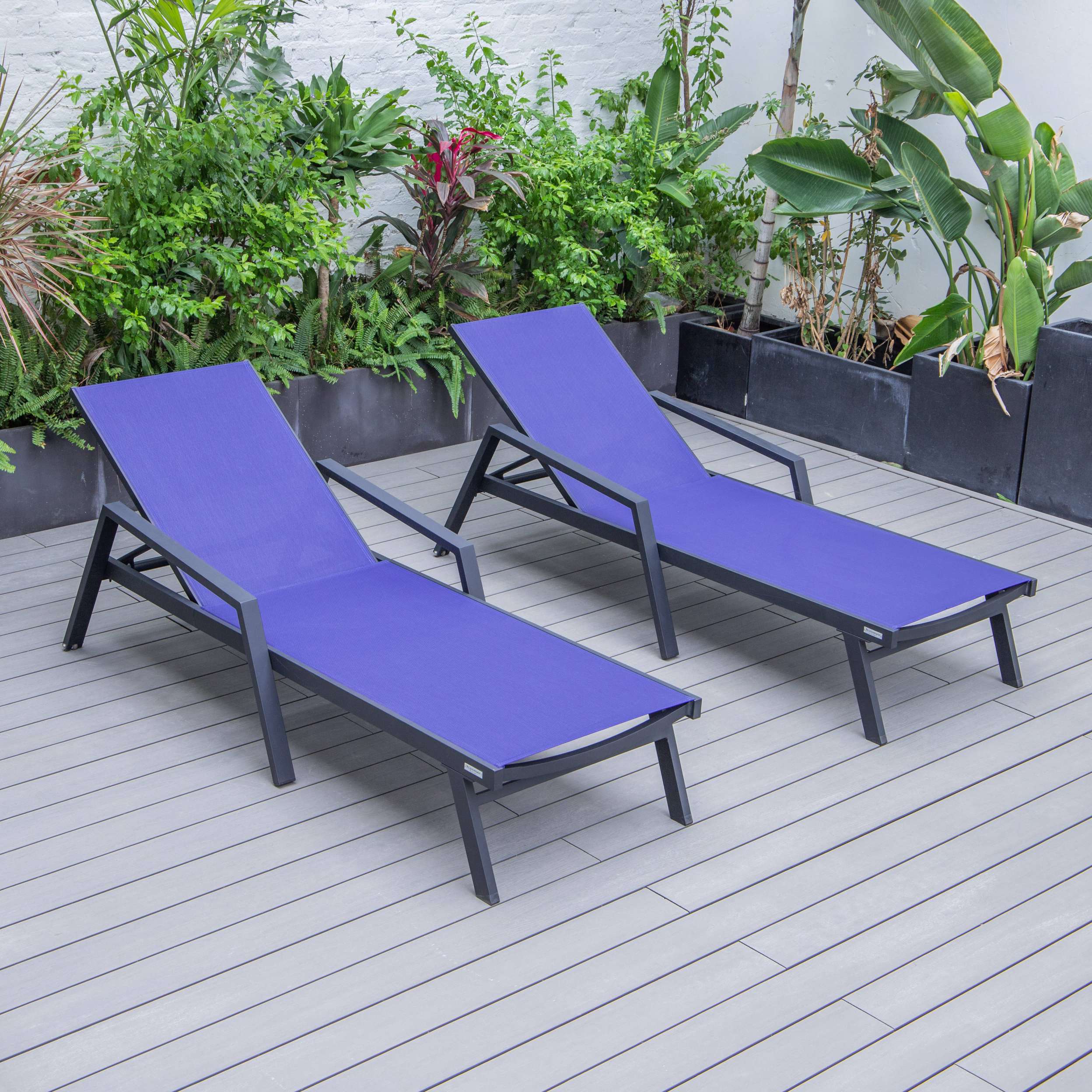 LeisureMod Marlin Patio Chaise Lounge Chair With Armrests in Black Aluminum Frame, Set of 2 - Image 77