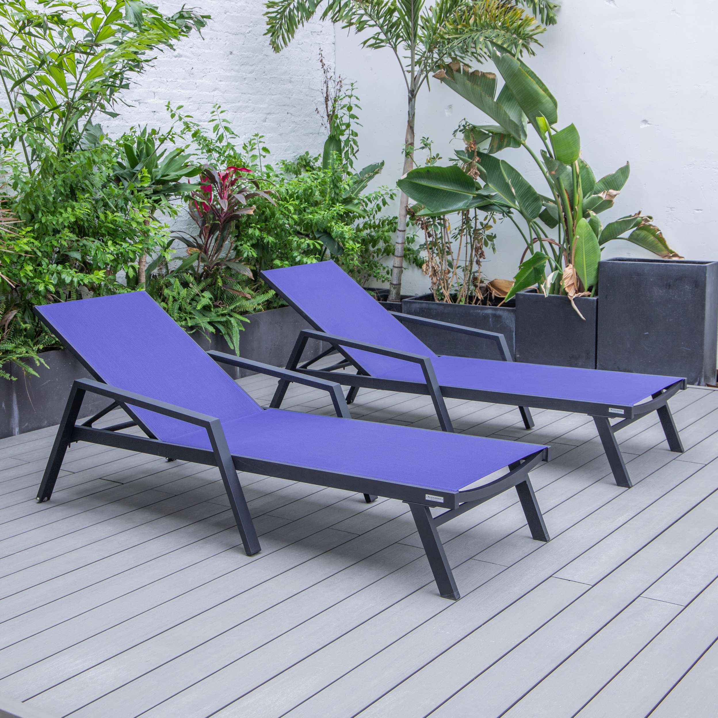 LeisureMod Marlin Patio Chaise Lounge Chair With Armrests in Black Aluminum Frame, Set of 2 - Image 82