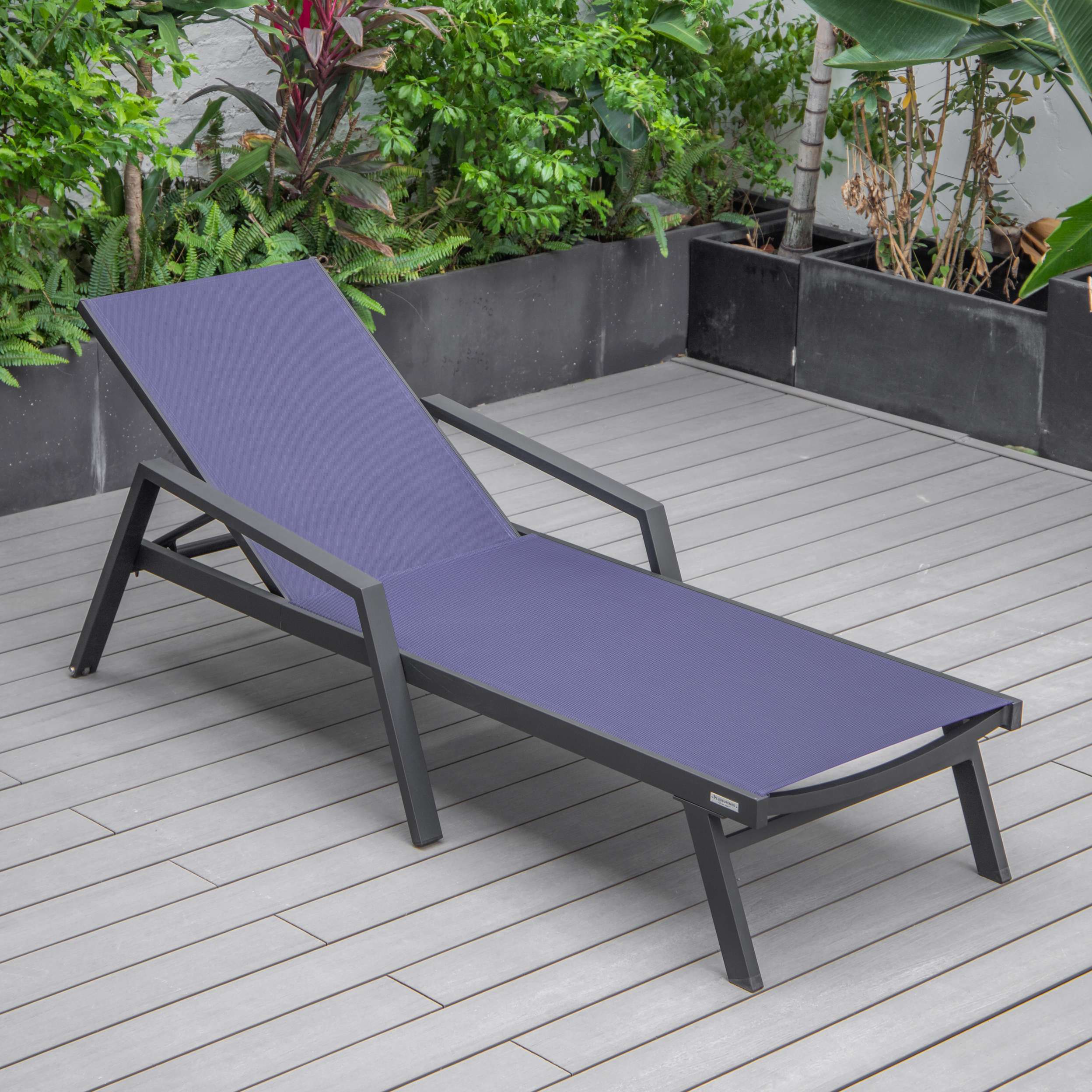 LeisureMod Marlin Patio Chaise Lounge Chair With Armrests in Black Aluminum Frame, Set of 2 - Image 83