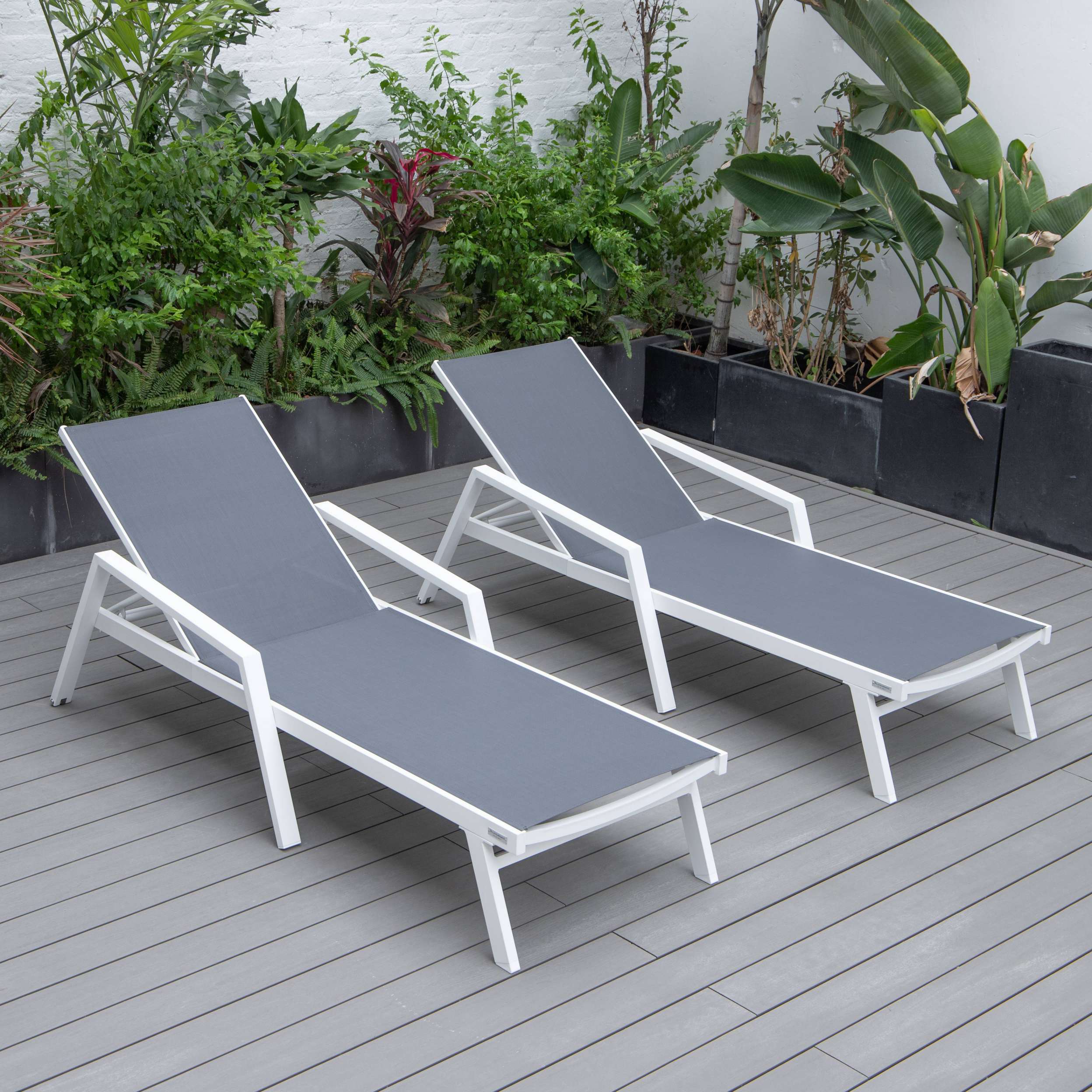 LeisureMod Marlin Patio Chaise Lounge Chair With Armrests in White Aluminum Frame, Set of 2 - Image 21