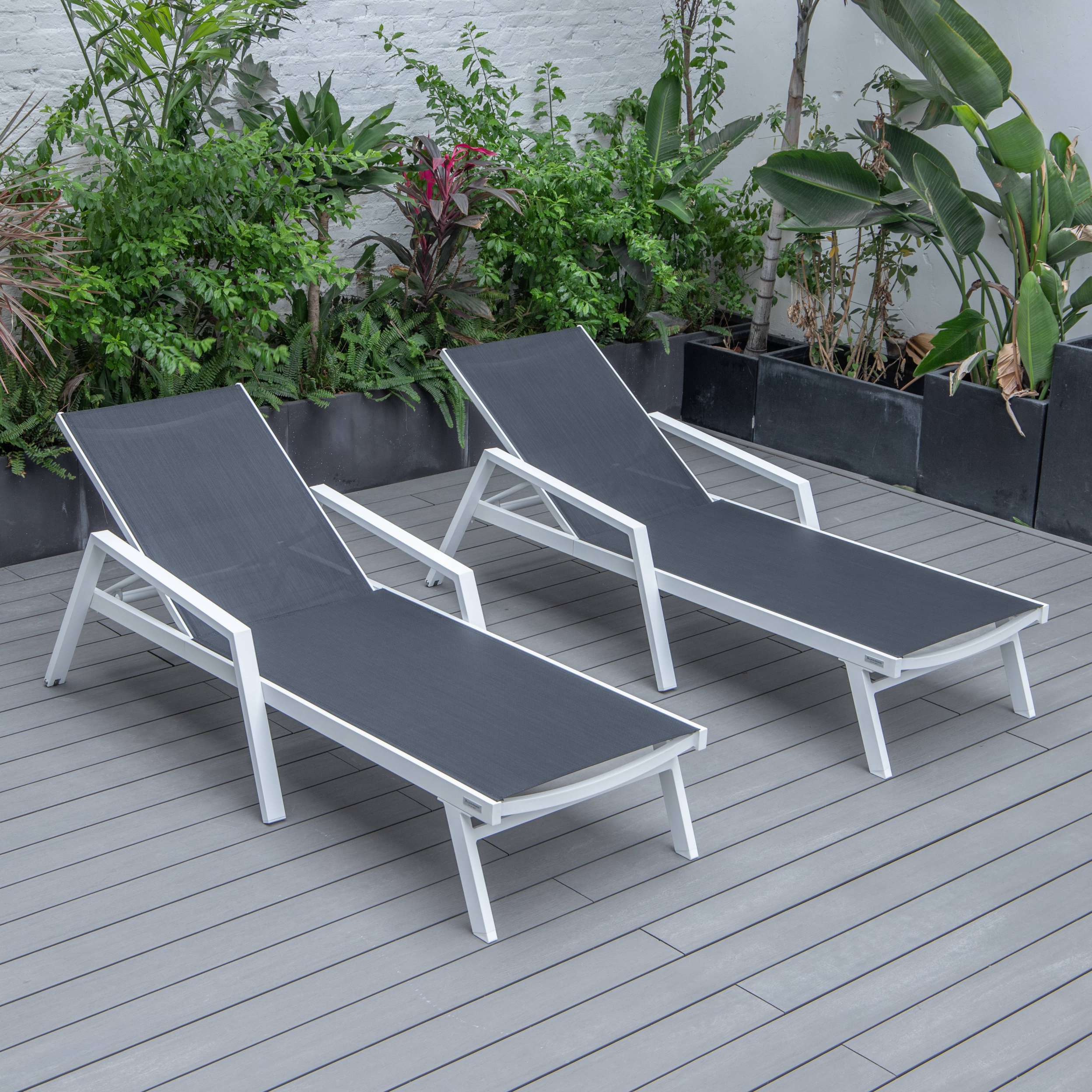 LeisureMod Marlin Patio Chaise Lounge Chair With Armrests in White Aluminum Frame, Set of 2 - Image 3
