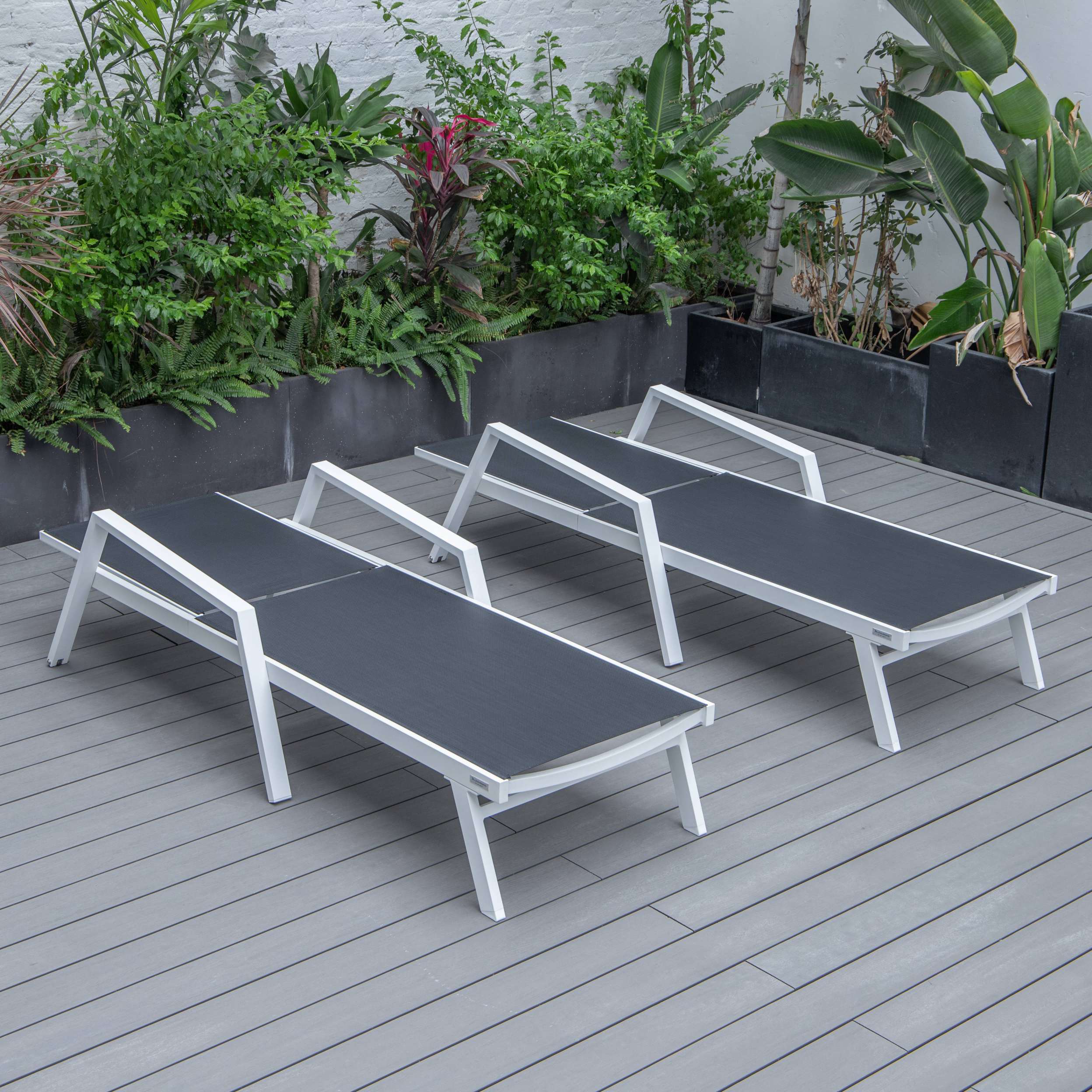 LeisureMod Marlin Patio Chaise Lounge Chair With Armrests in White Aluminum Frame, Set of 2 - Image 4