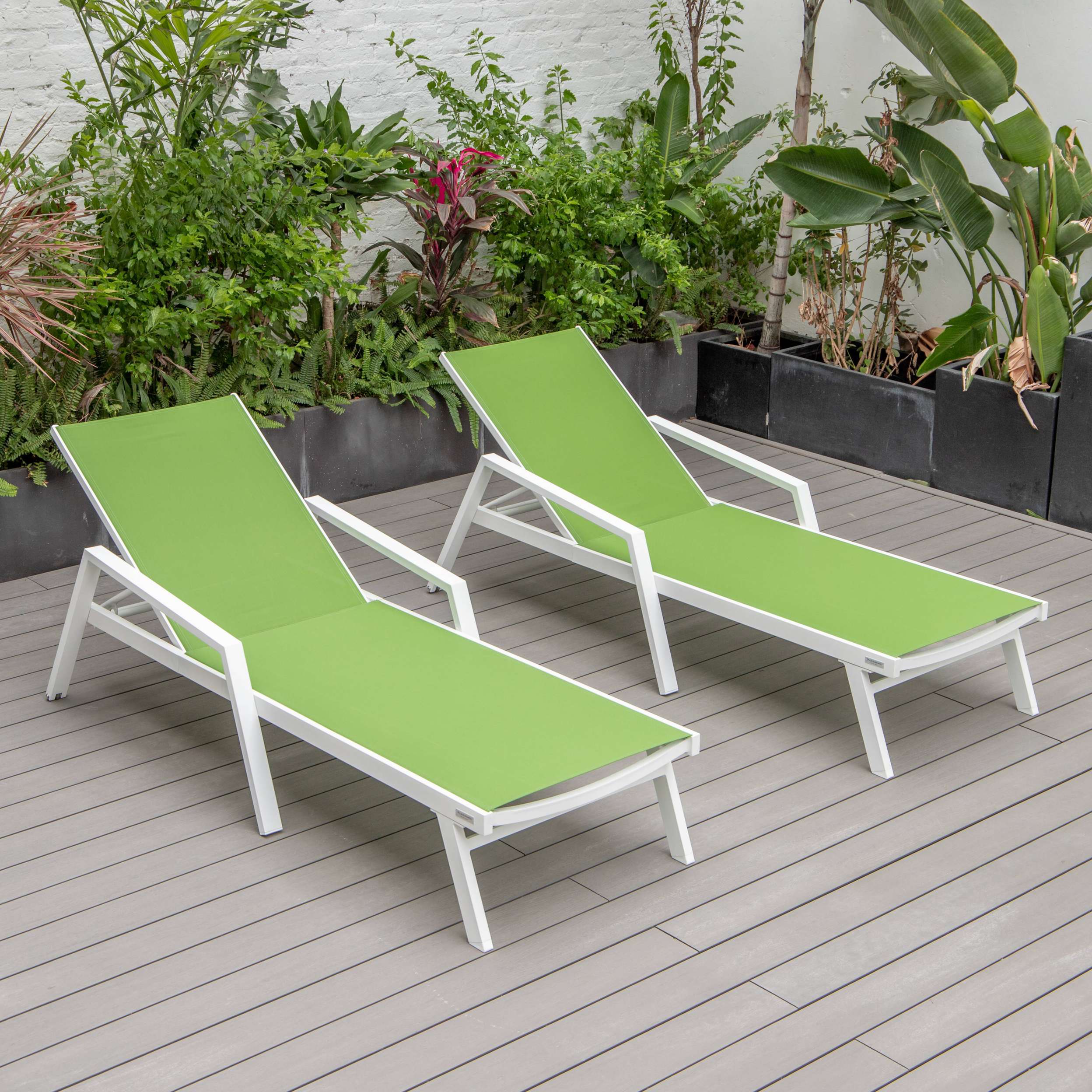 LeisureMod Marlin Patio Chaise Lounge Chair With Armrests in White Aluminum Frame, Set of 2 - Image 44