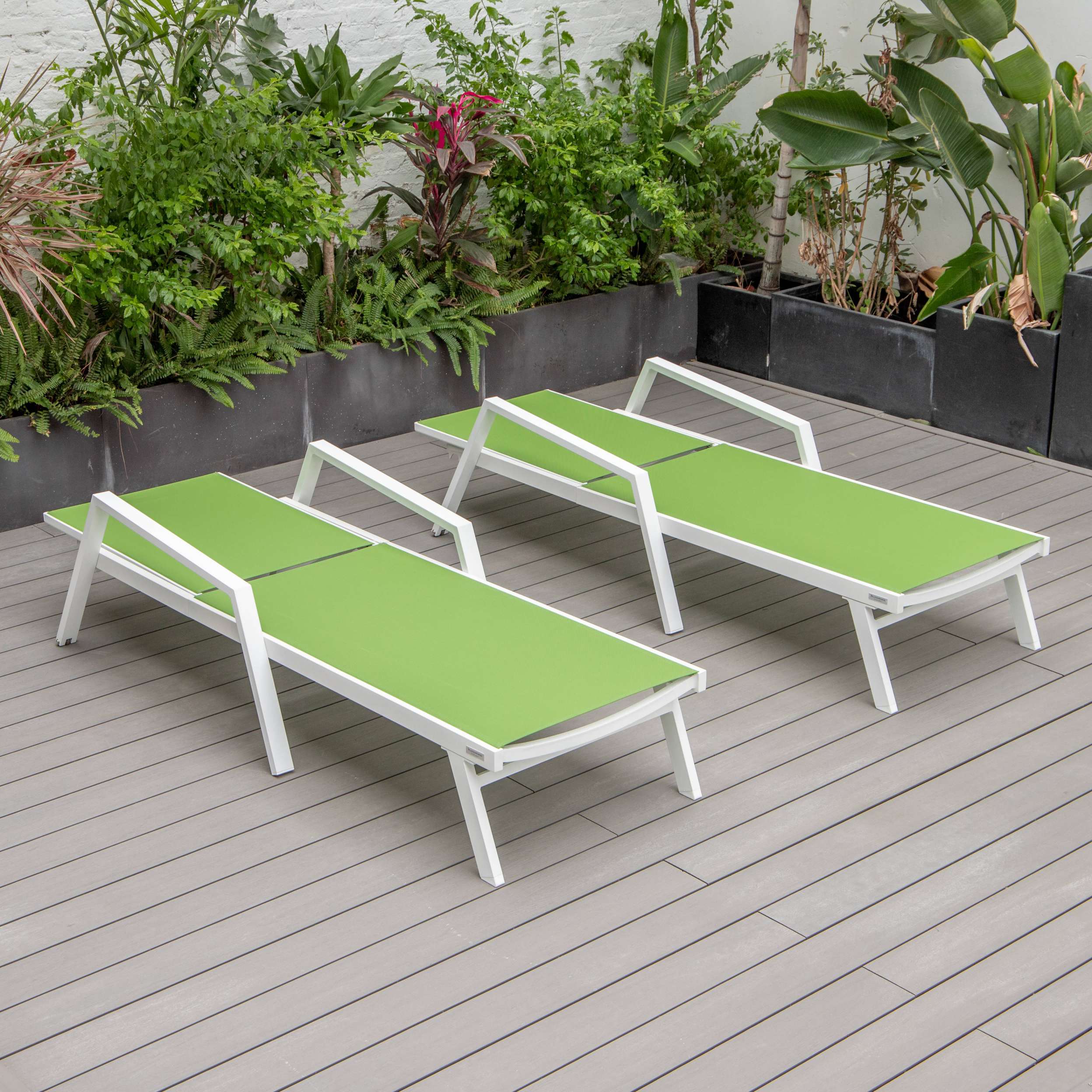LeisureMod Marlin Patio Chaise Lounge Chair With Armrests in White Aluminum Frame, Set of 2 - Image 45