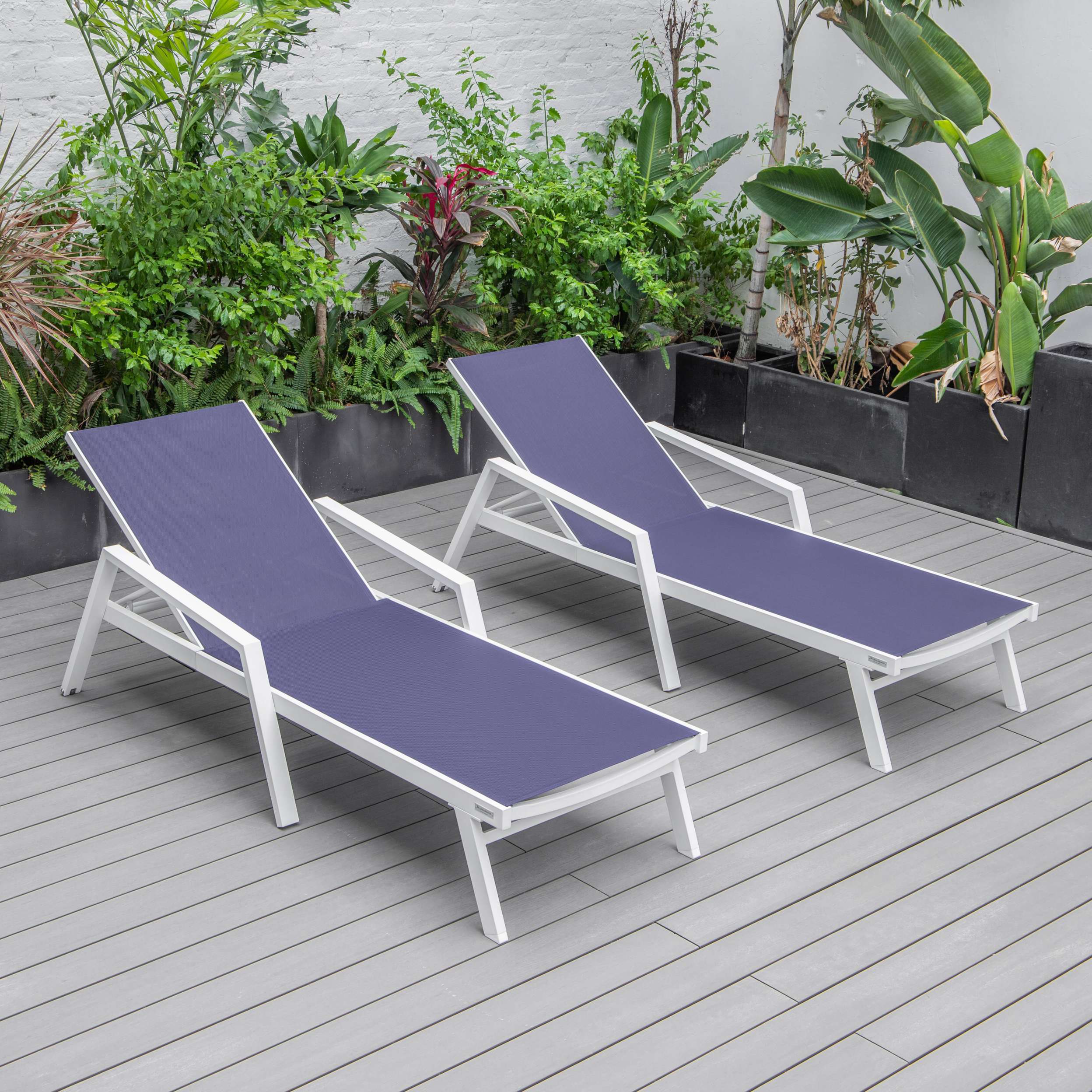 LeisureMod Marlin Patio Chaise Lounge Chair With Armrests in White Aluminum Frame, Set of 2 - Image 91