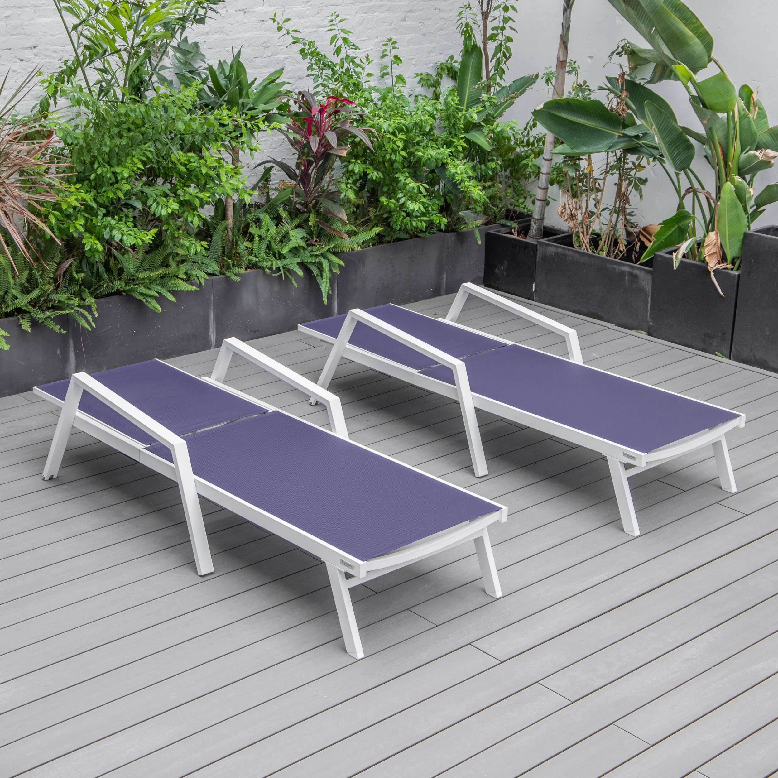 LeisureMod Marlin Patio Chaise Lounge Chair With Armrests in White Aluminum Frame, Set of 2 - Image 92