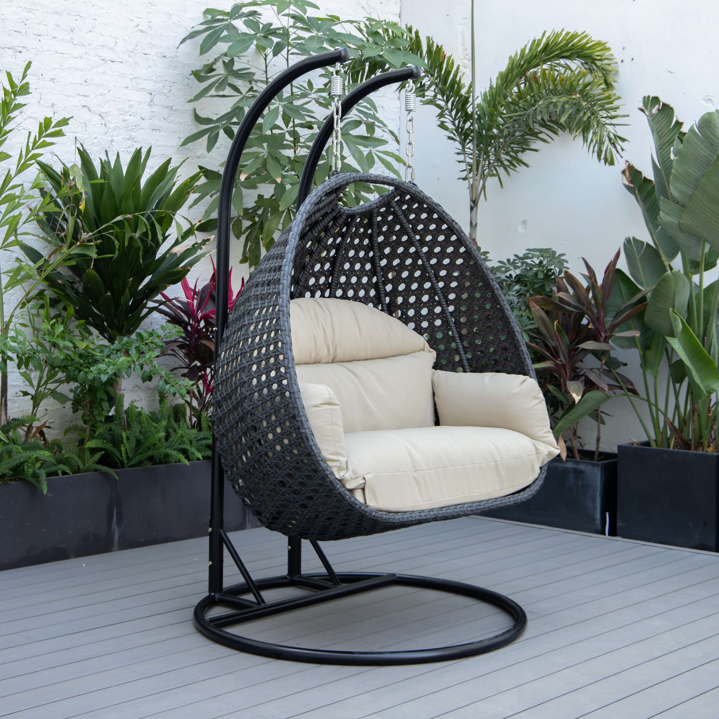 LeisureMod Mendoza Charcoal Wicker Hanging 2 person Egg Swing Chair - Image 110