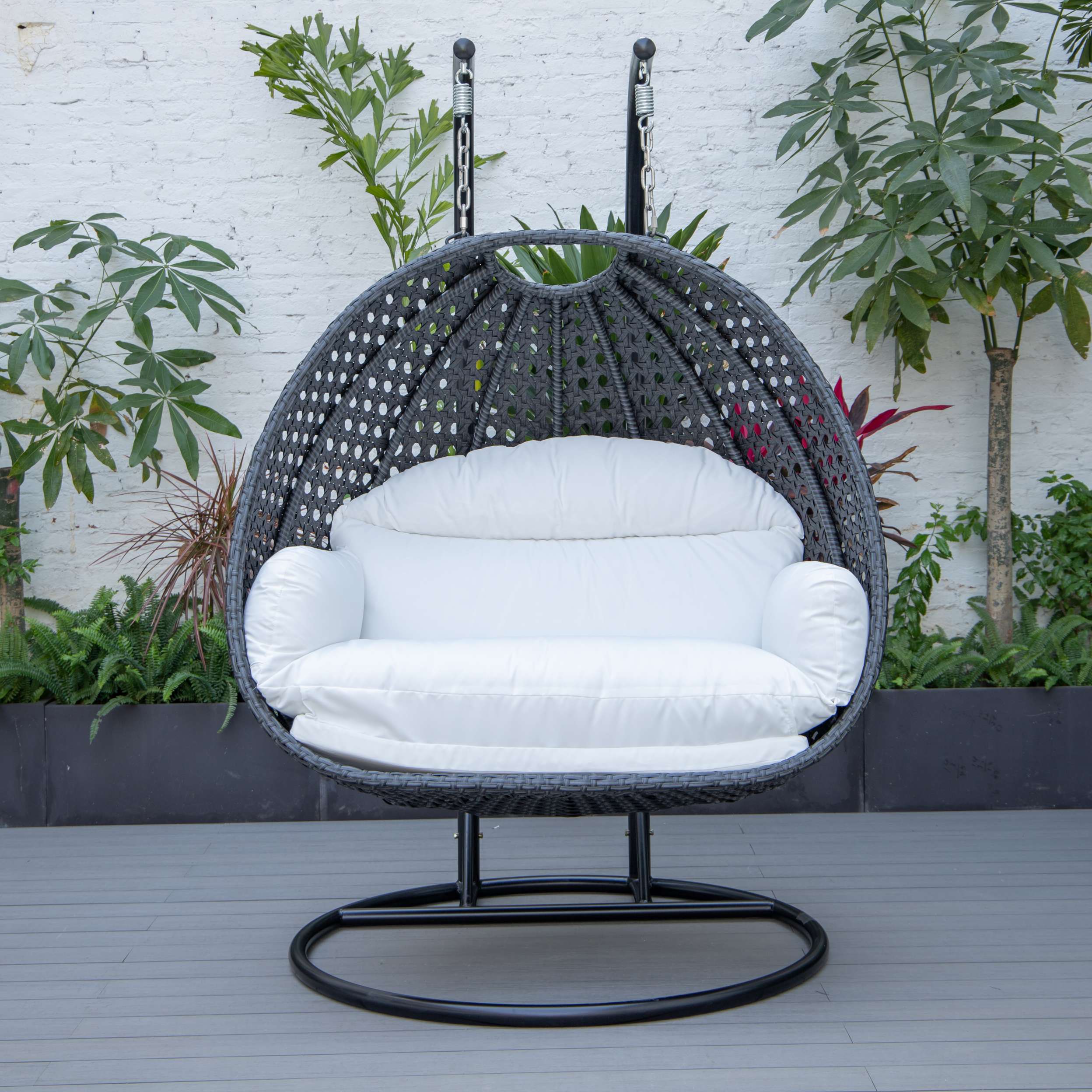 LeisureMod Mendoza Charcoal Wicker Hanging 2 person Egg Swing Chair - Image 116