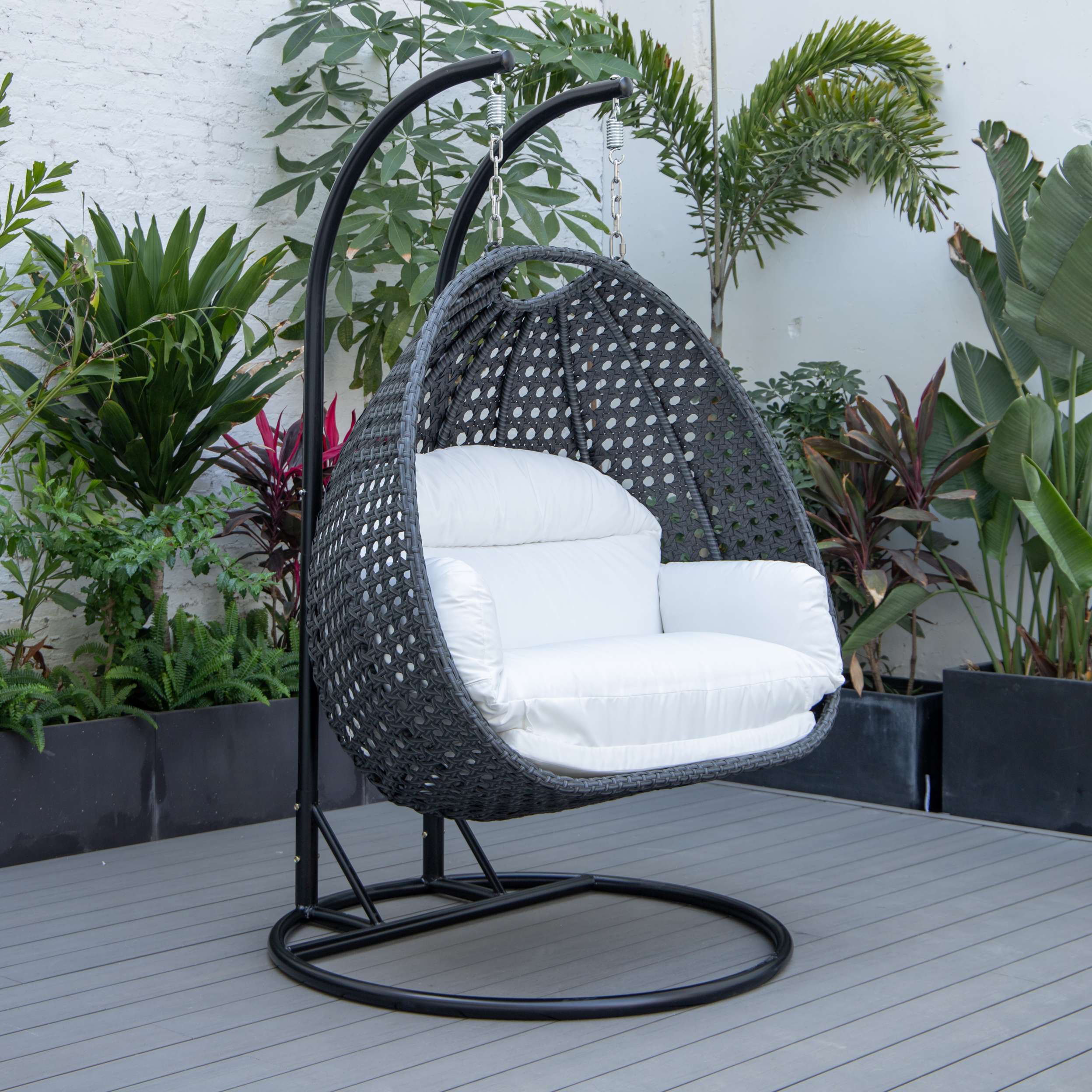 LeisureMod Mendoza Charcoal Wicker Hanging 2 person Egg Swing Chair - Image 120
