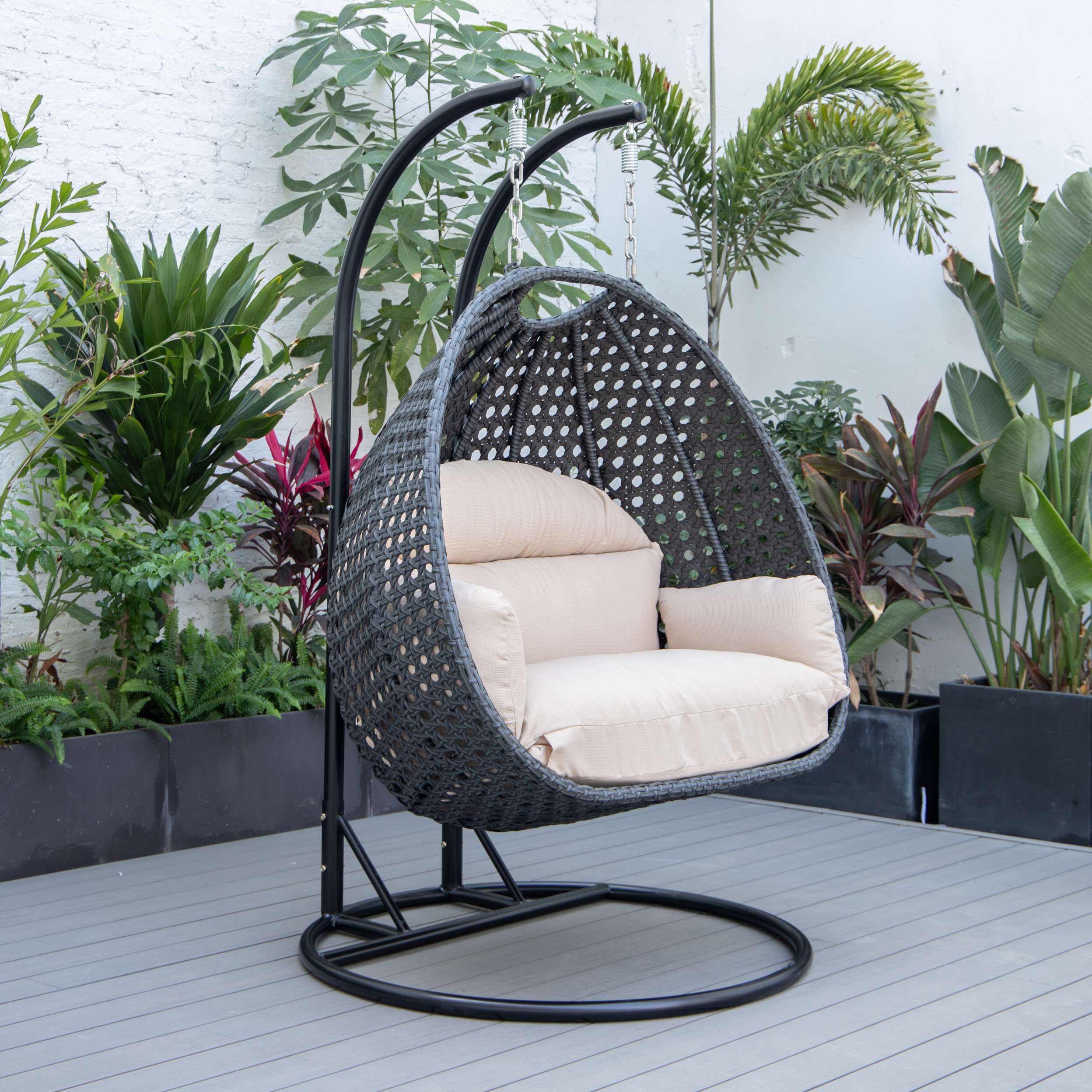 LeisureMod Mendoza Charcoal Wicker Hanging 2 person Egg Swing Chair - Image 2