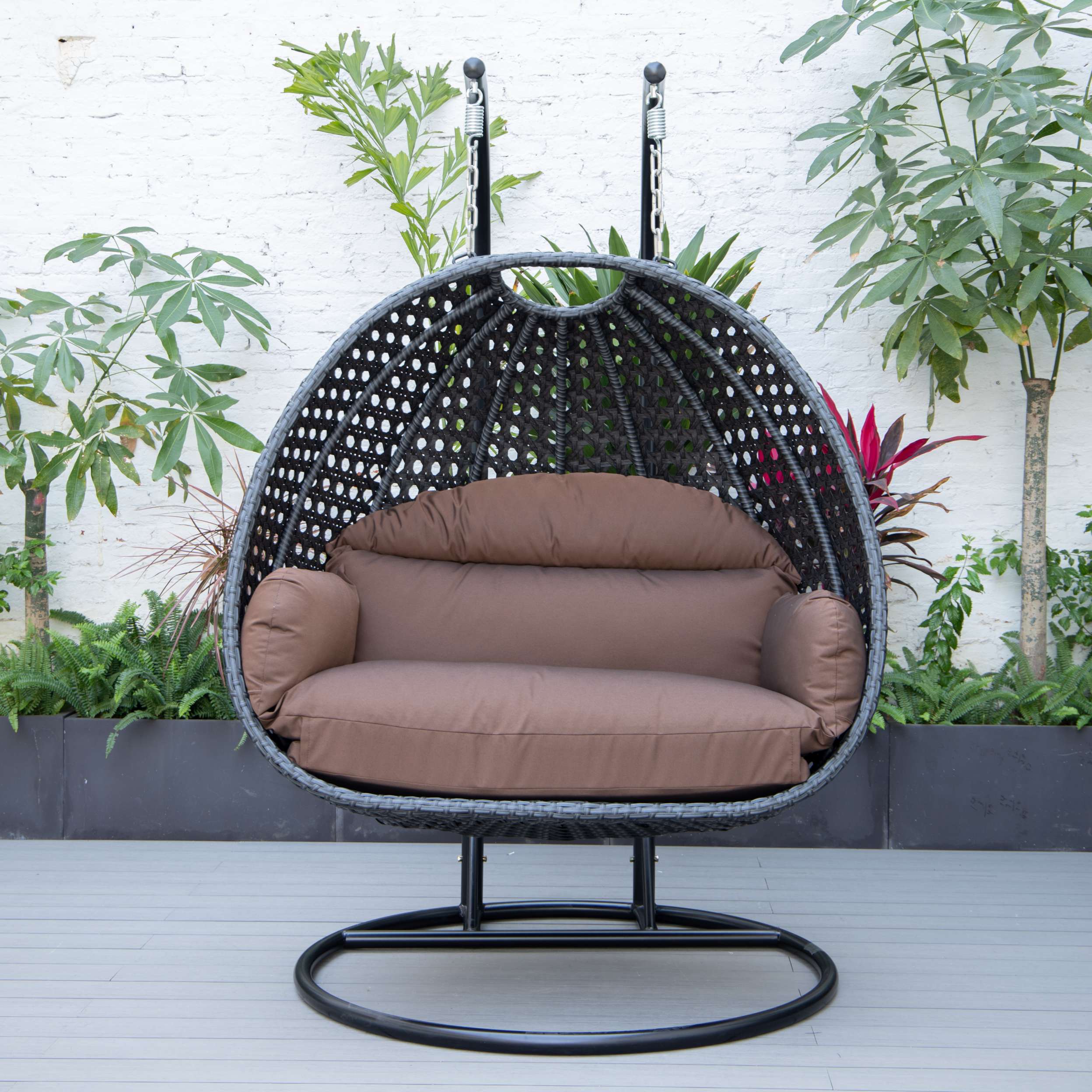 LeisureMod Mendoza Charcoal Wicker Hanging 2 person Egg Swing Chair - Image 26