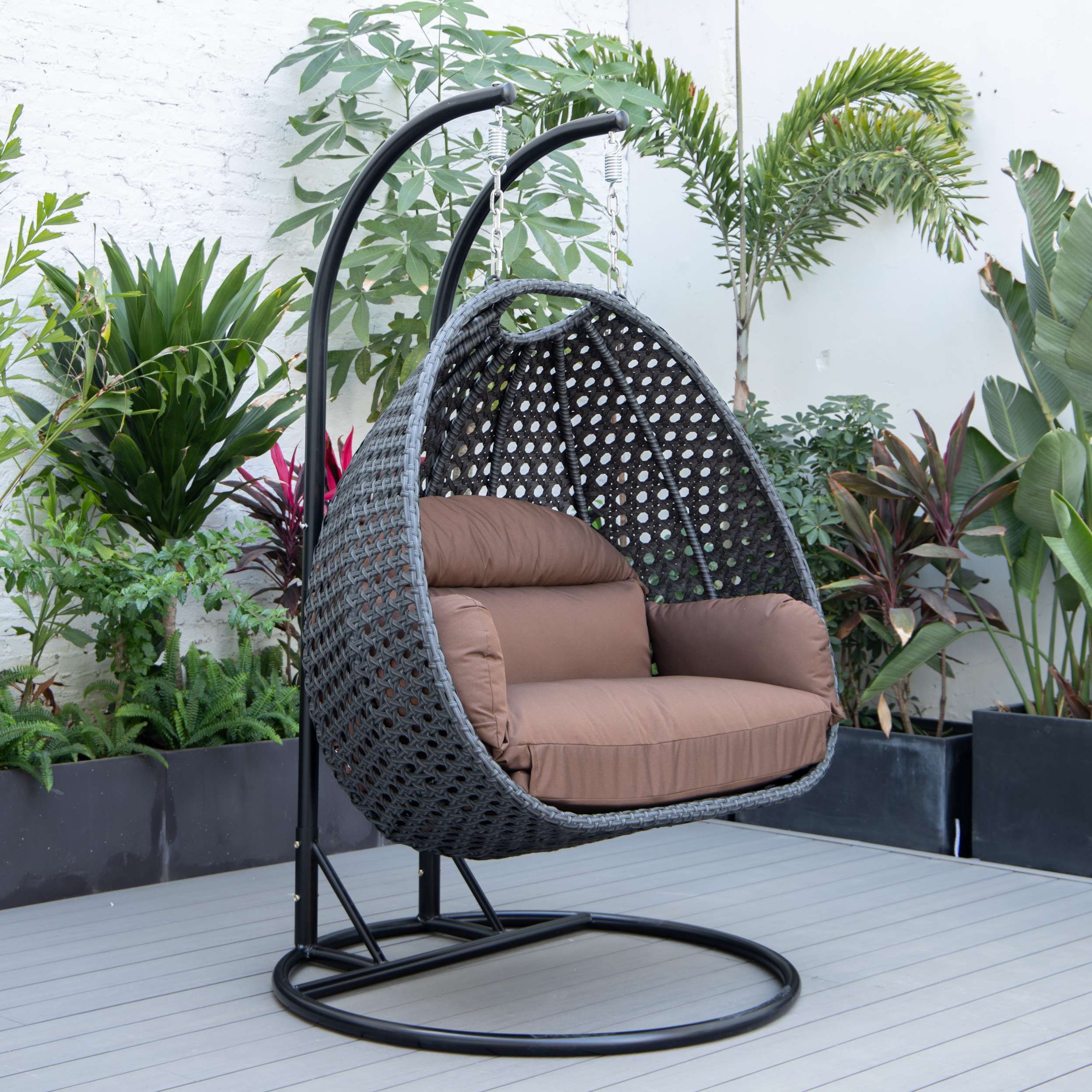 LeisureMod Mendoza Charcoal Wicker Hanging 2 person Egg Swing Chair - Image 27
