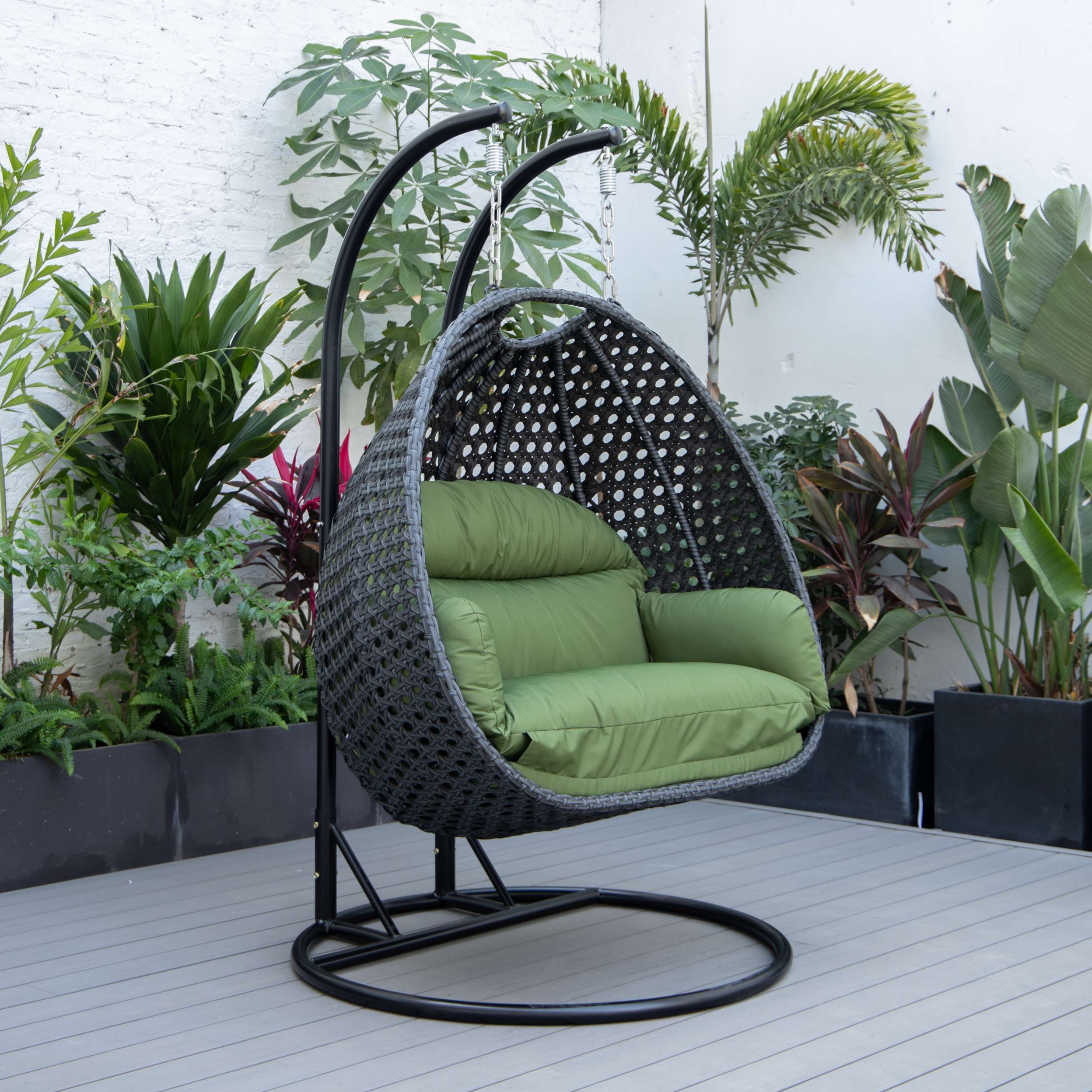 LeisureMod Mendoza Charcoal Wicker Hanging 2 person Egg Swing Chair - Image 60