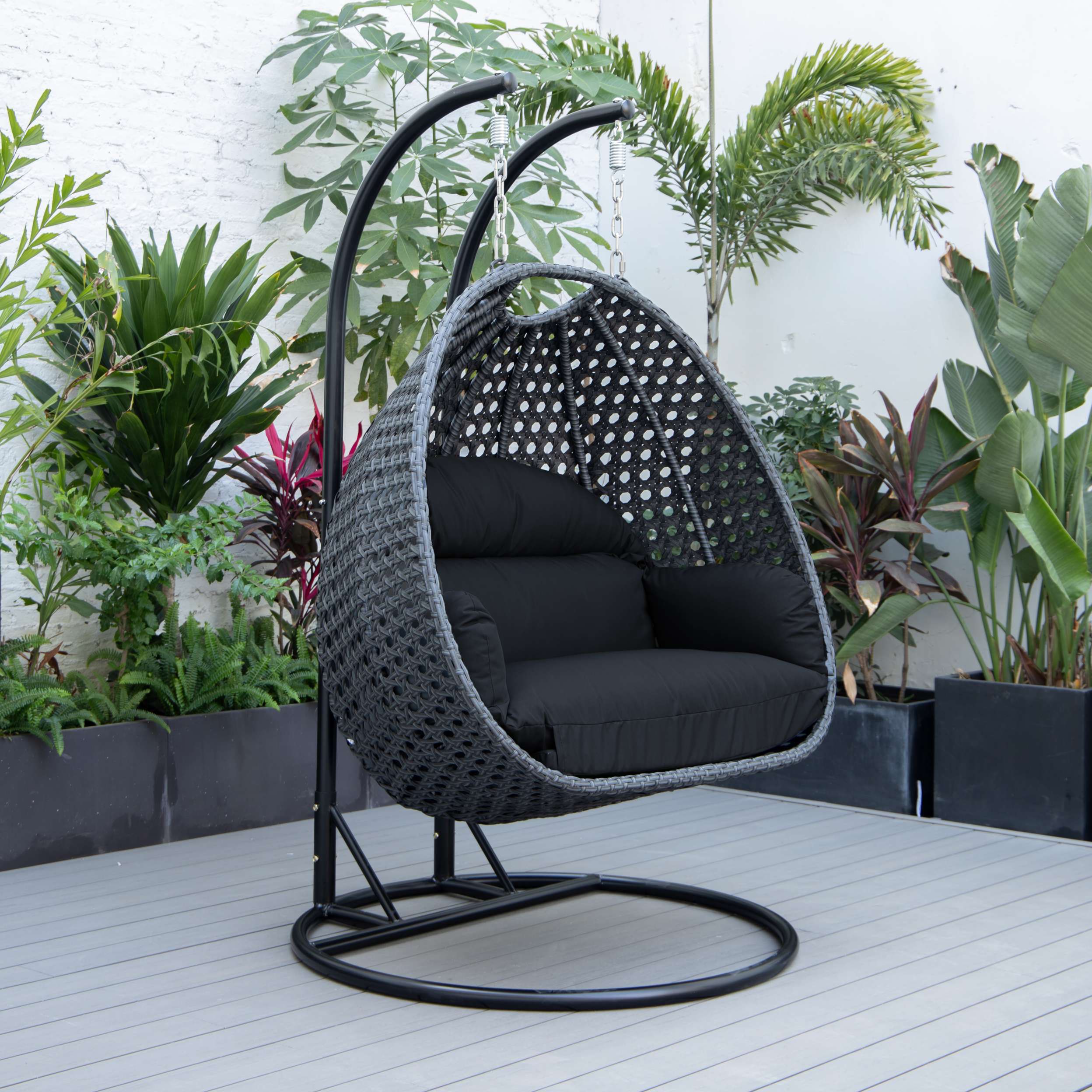 LeisureMod Mendoza Charcoal Wicker Hanging 2 person Egg Swing Chair - Image 63