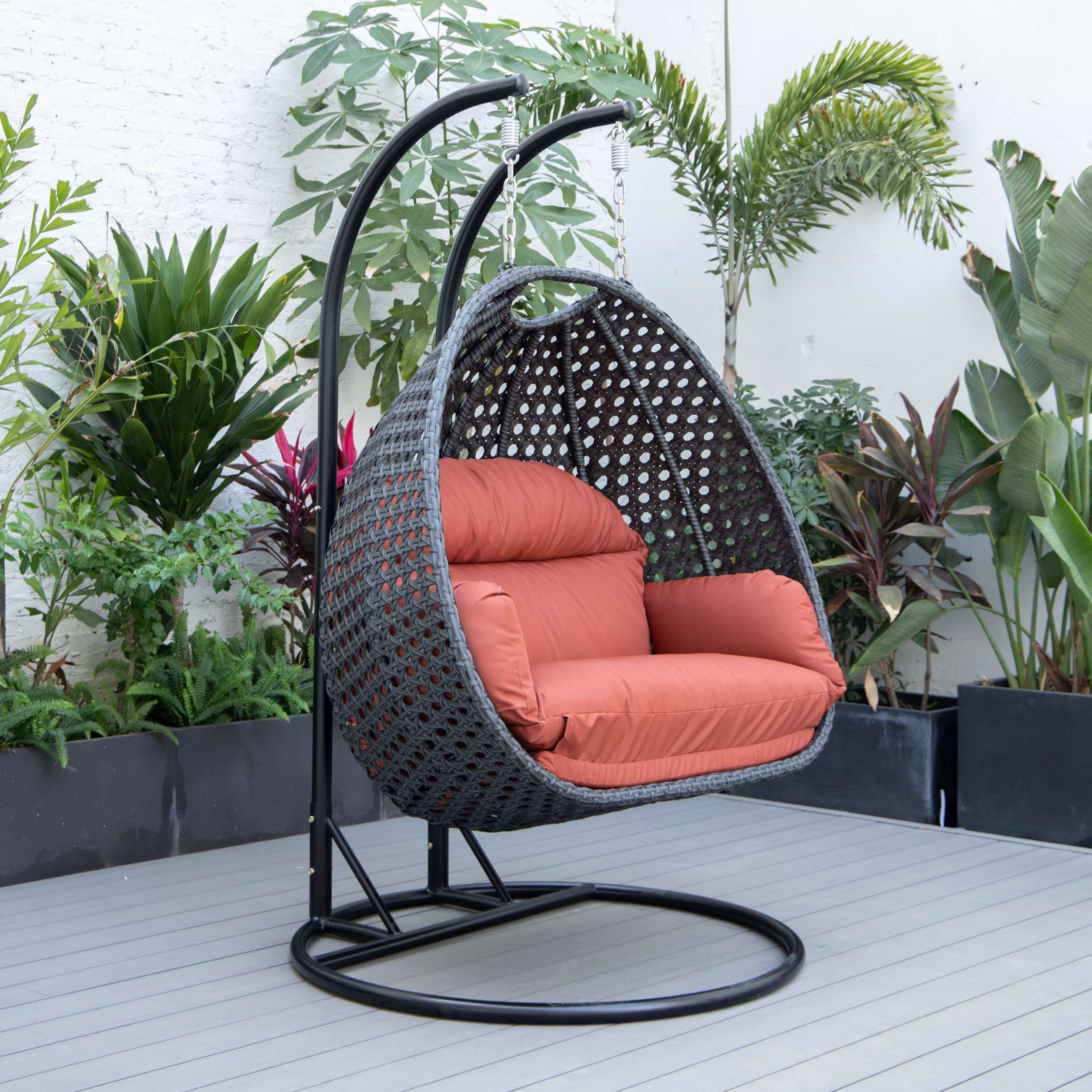 LeisureMod Mendoza Charcoal Wicker Hanging 2 person Egg Swing Chair - Image 80