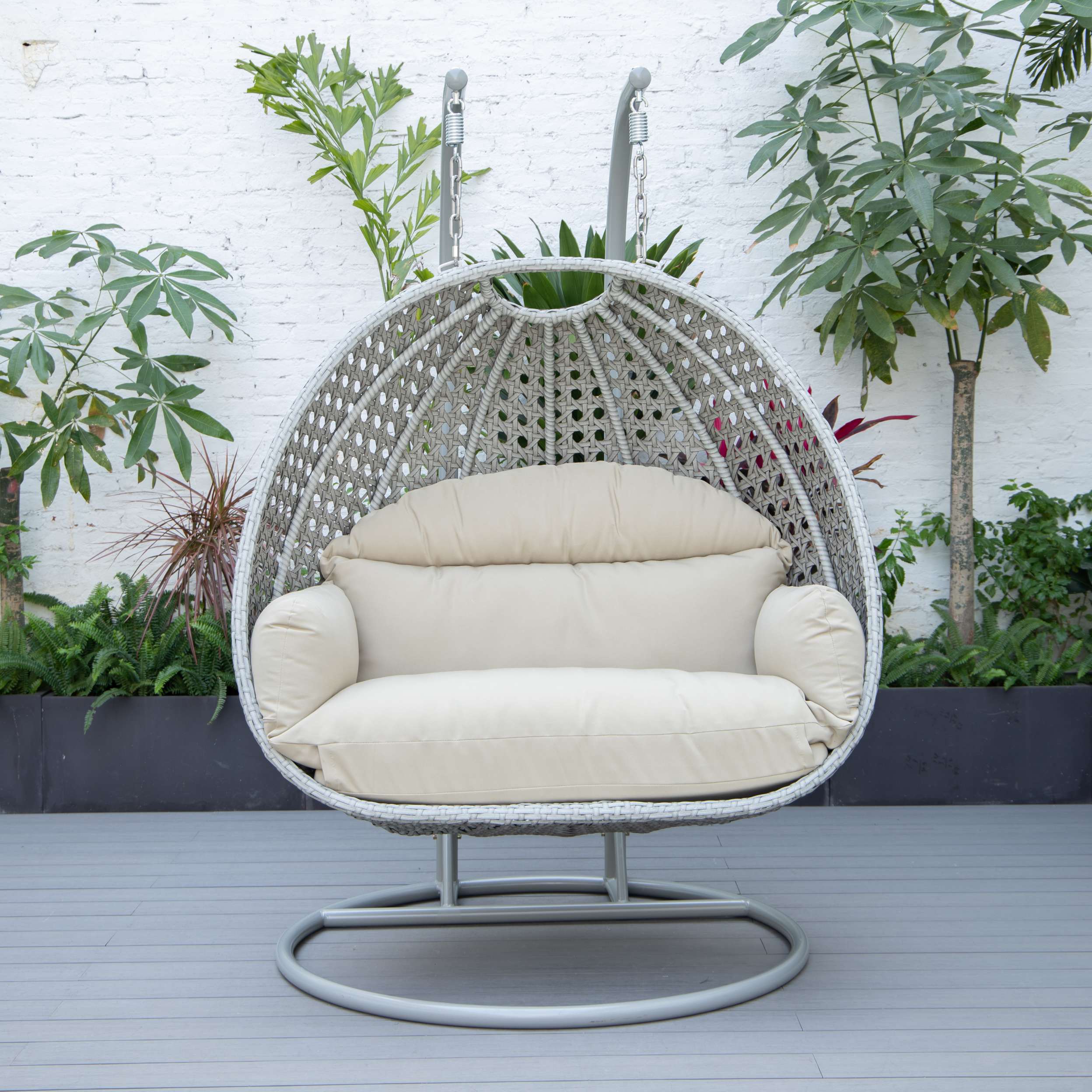 LeisureMod Mendoza Light Grey Wicker Hanging 2 person Egg Swing Chair - Image 100