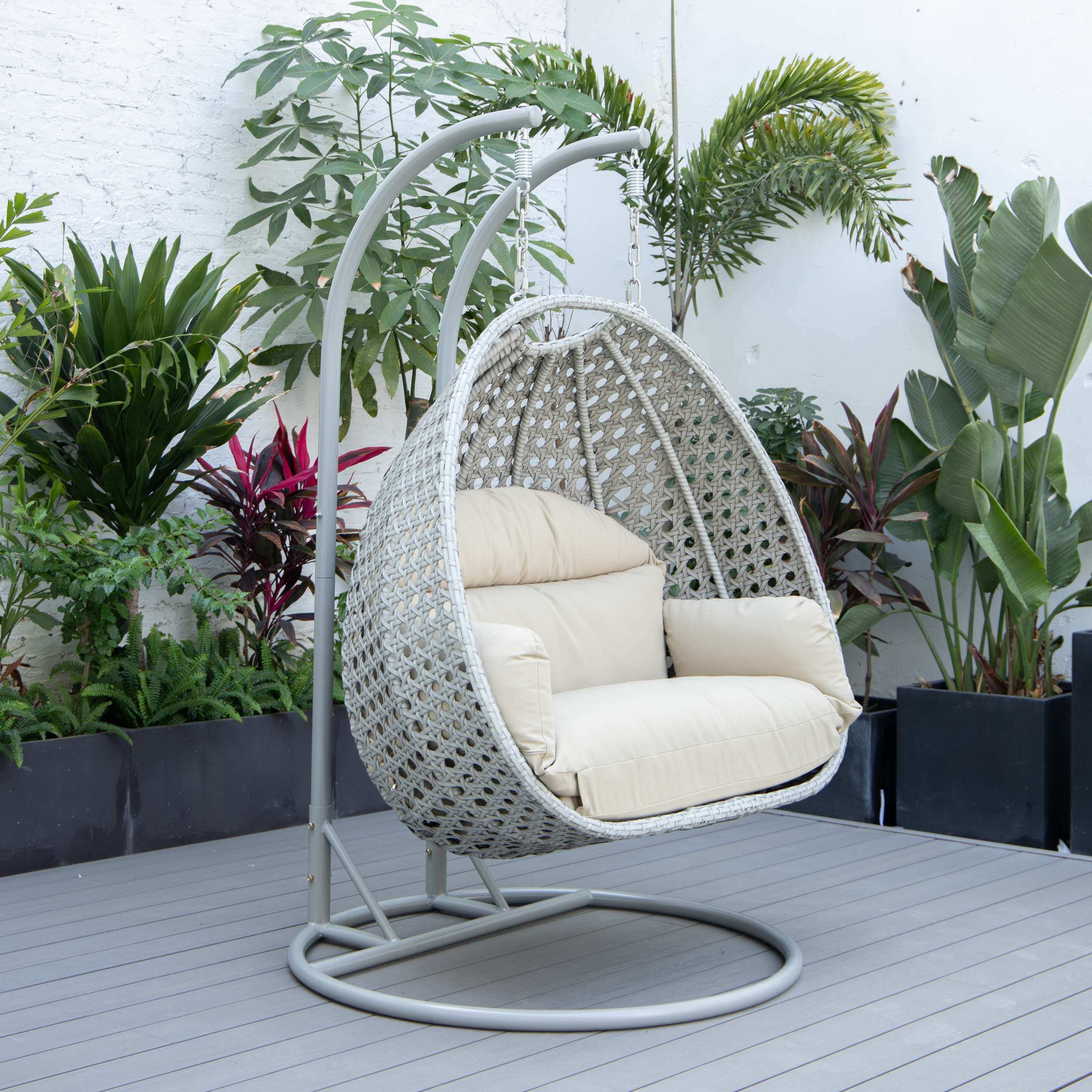 LeisureMod Mendoza Light Grey Wicker Hanging 2 person Egg Swing Chair - Image 108
