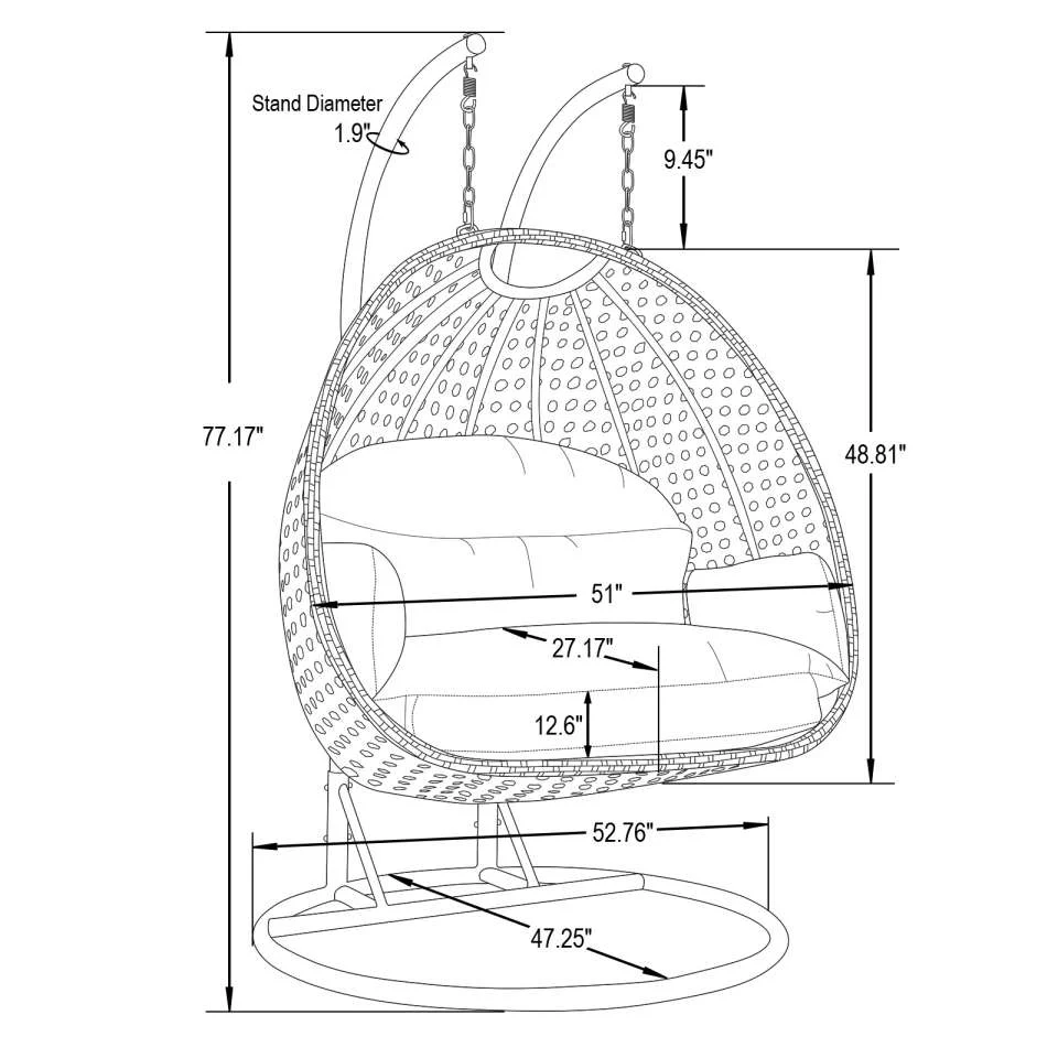 LeisureMod Mendoza Light Grey Wicker Hanging 2 person Egg Swing Chair - Image 109