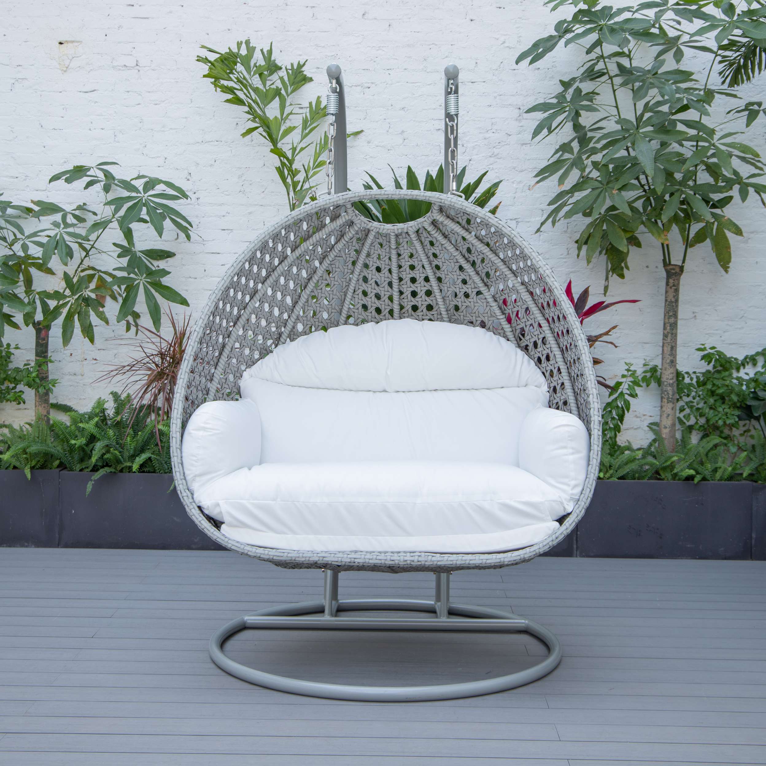 LeisureMod Mendoza Light Grey Wicker Hanging 2 person Egg Swing Chair - Image 110