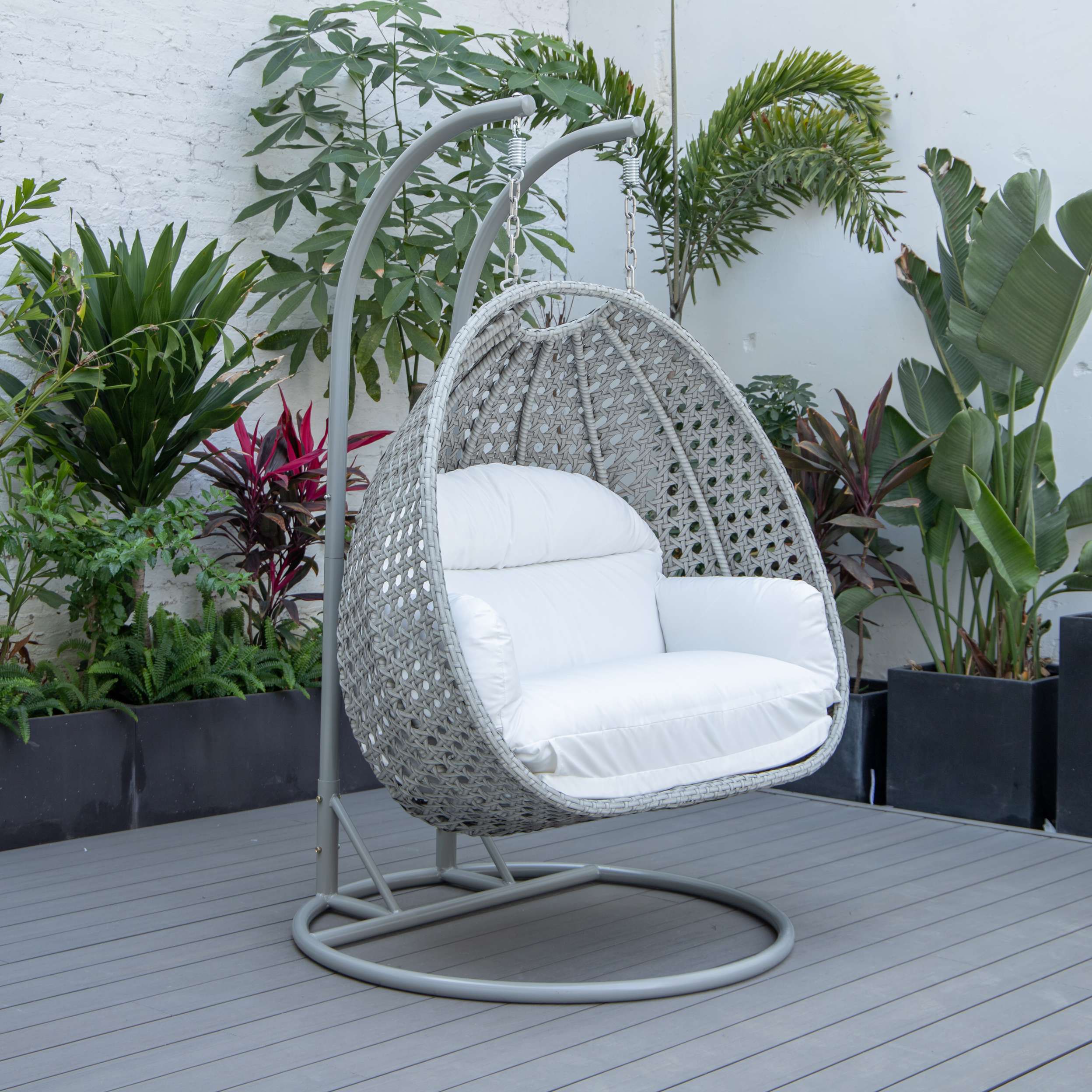 LeisureMod Mendoza Light Grey Wicker Hanging 2 person Egg Swing Chair - Image 118