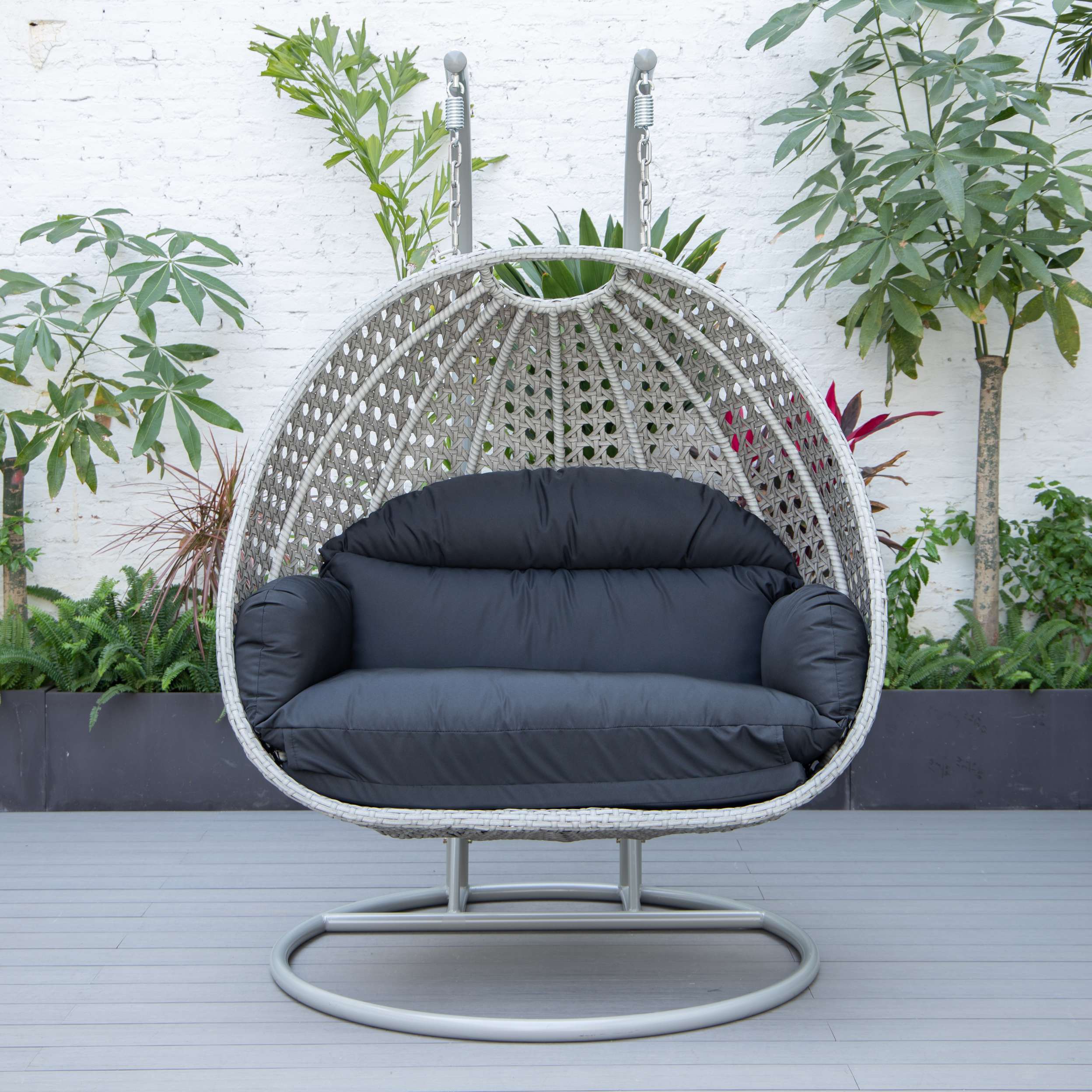 LeisureMod Mendoza Light Grey Wicker Hanging 2 person Egg Swing Chair - Image 12