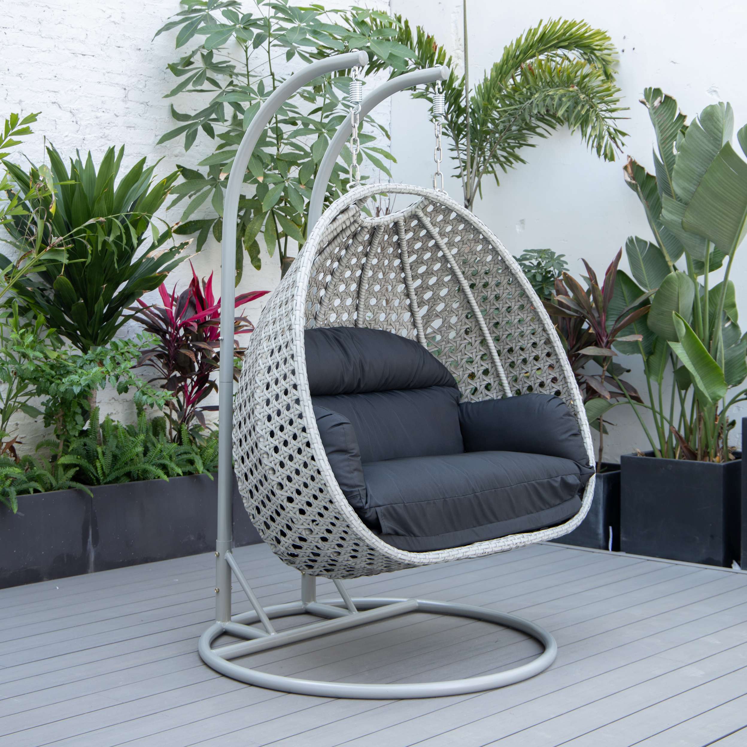LeisureMod Mendoza Light Grey Wicker Hanging 2 person Egg Swing Chair - Image 15