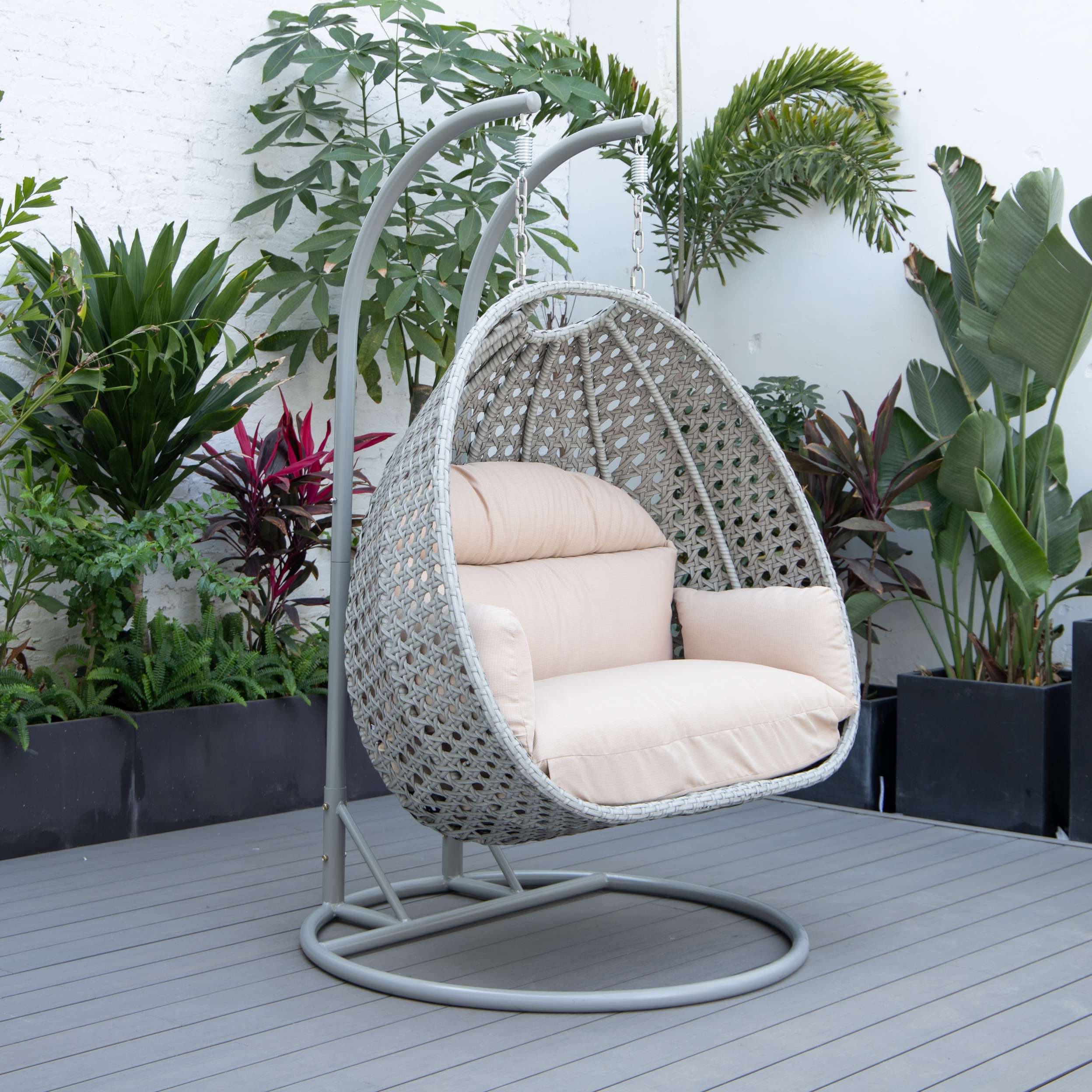 LeisureMod Mendoza Light Grey Wicker Hanging 2 person Egg Swing Chair - Image 2