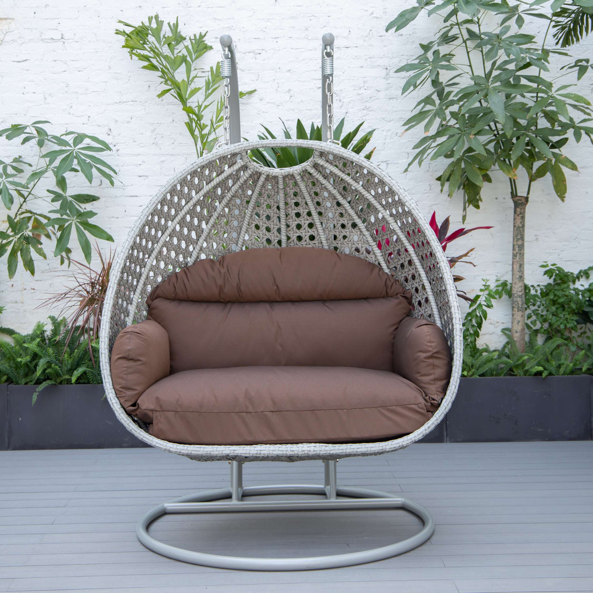 LeisureMod Mendoza Light Grey Wicker Hanging 2 person Egg Swing Chair - Image 22