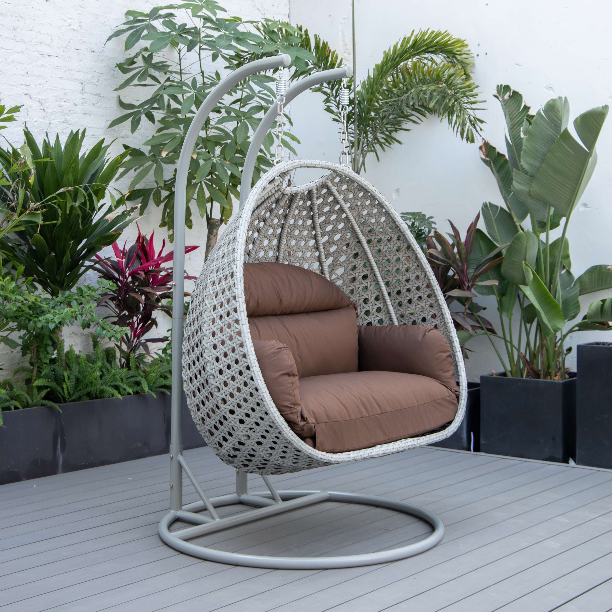 LeisureMod Mendoza Light Grey Wicker Hanging 2 person Egg Swing Chair - Image 31