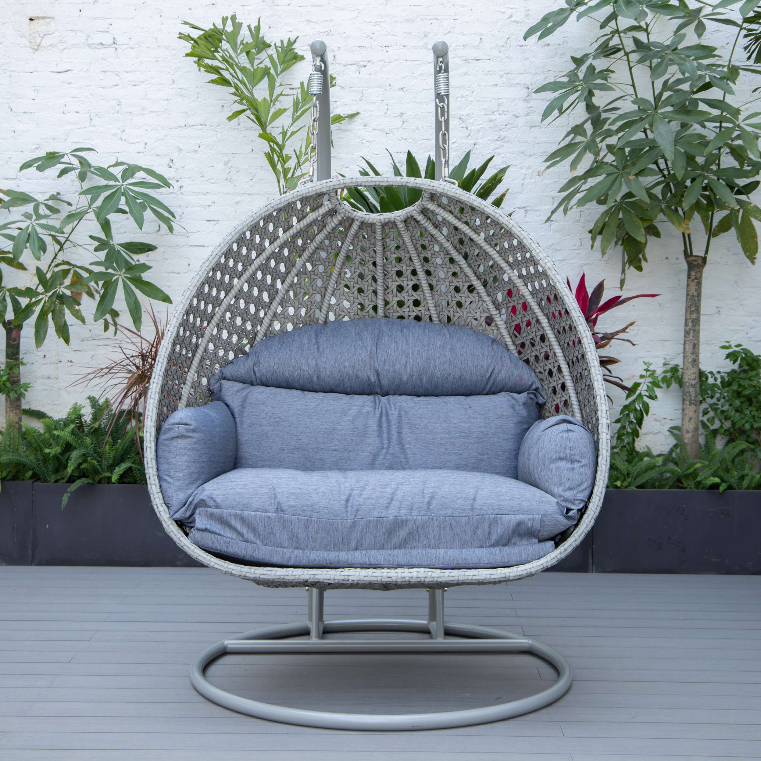 LeisureMod Mendoza Light Grey Wicker Hanging 2 person Egg Swing Chair - Image 40