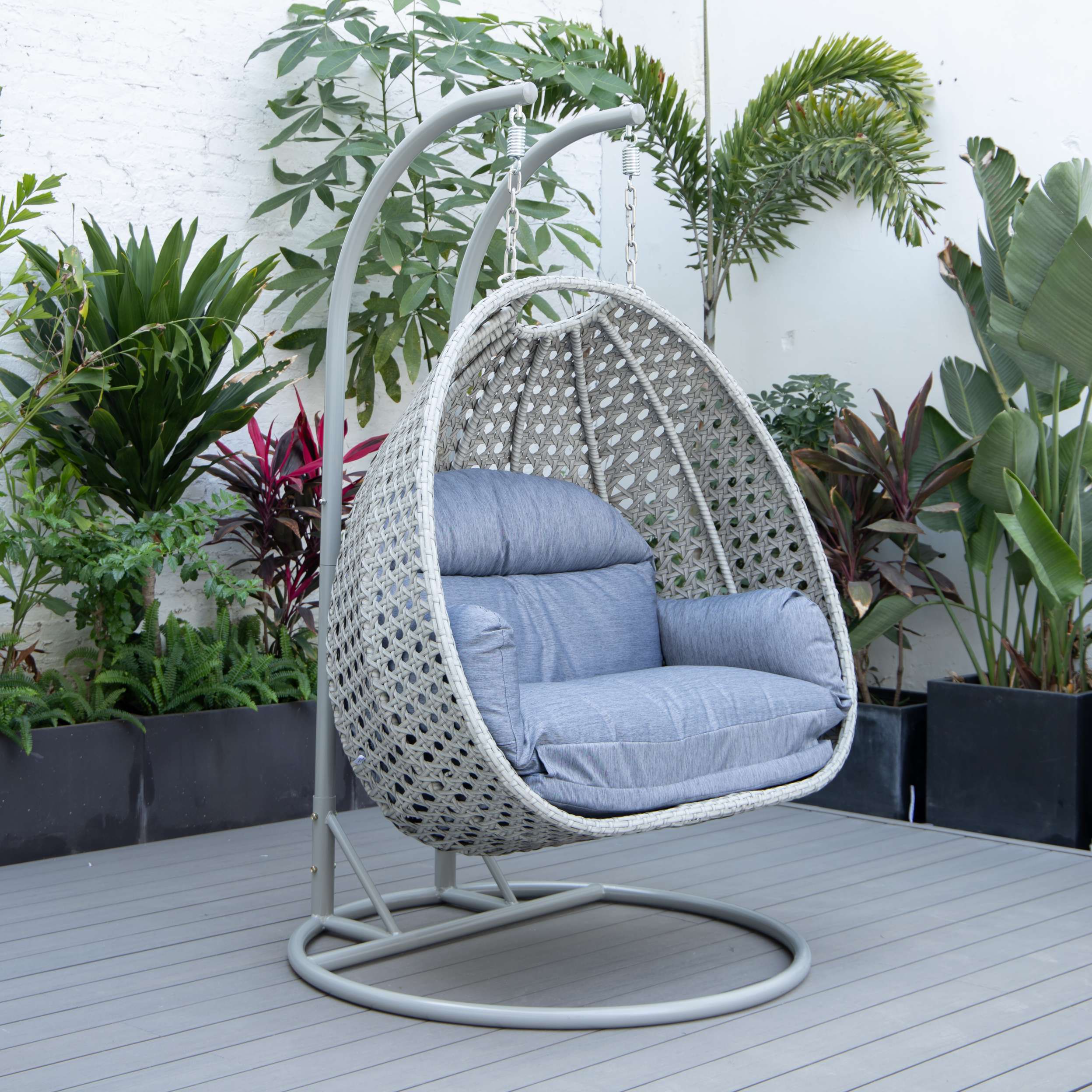 LeisureMod Mendoza Light Grey Wicker Hanging 2 person Egg Swing Chair - Image 49