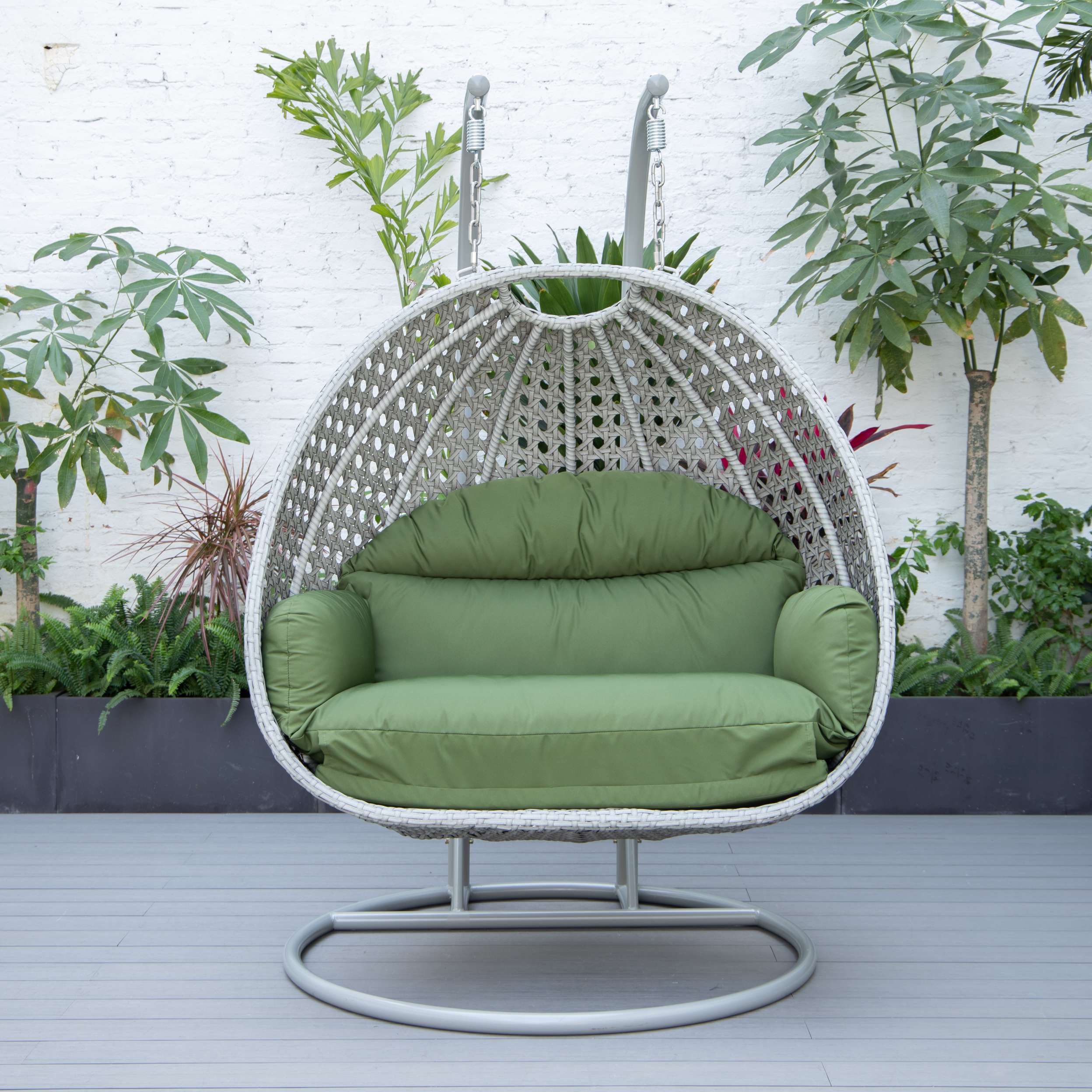 LeisureMod Mendoza Light Grey Wicker Hanging 2 person Egg Swing Chair - Image 51