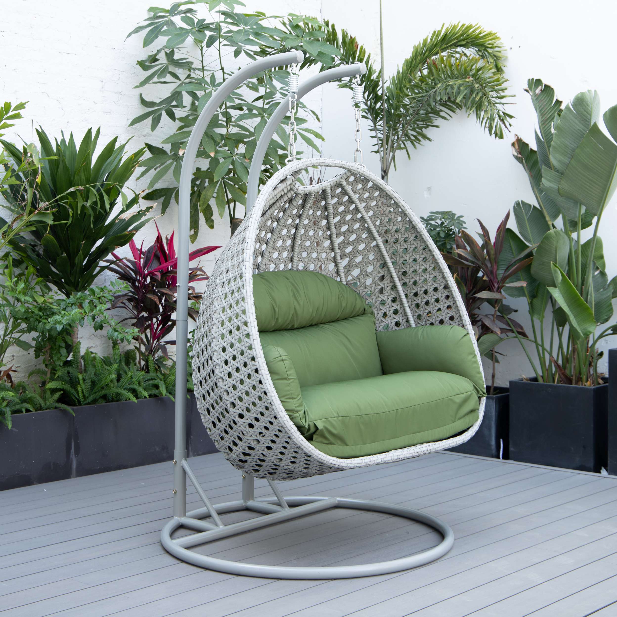 LeisureMod Mendoza Light Grey Wicker Hanging 2 person Egg Swing Chair - Image 58