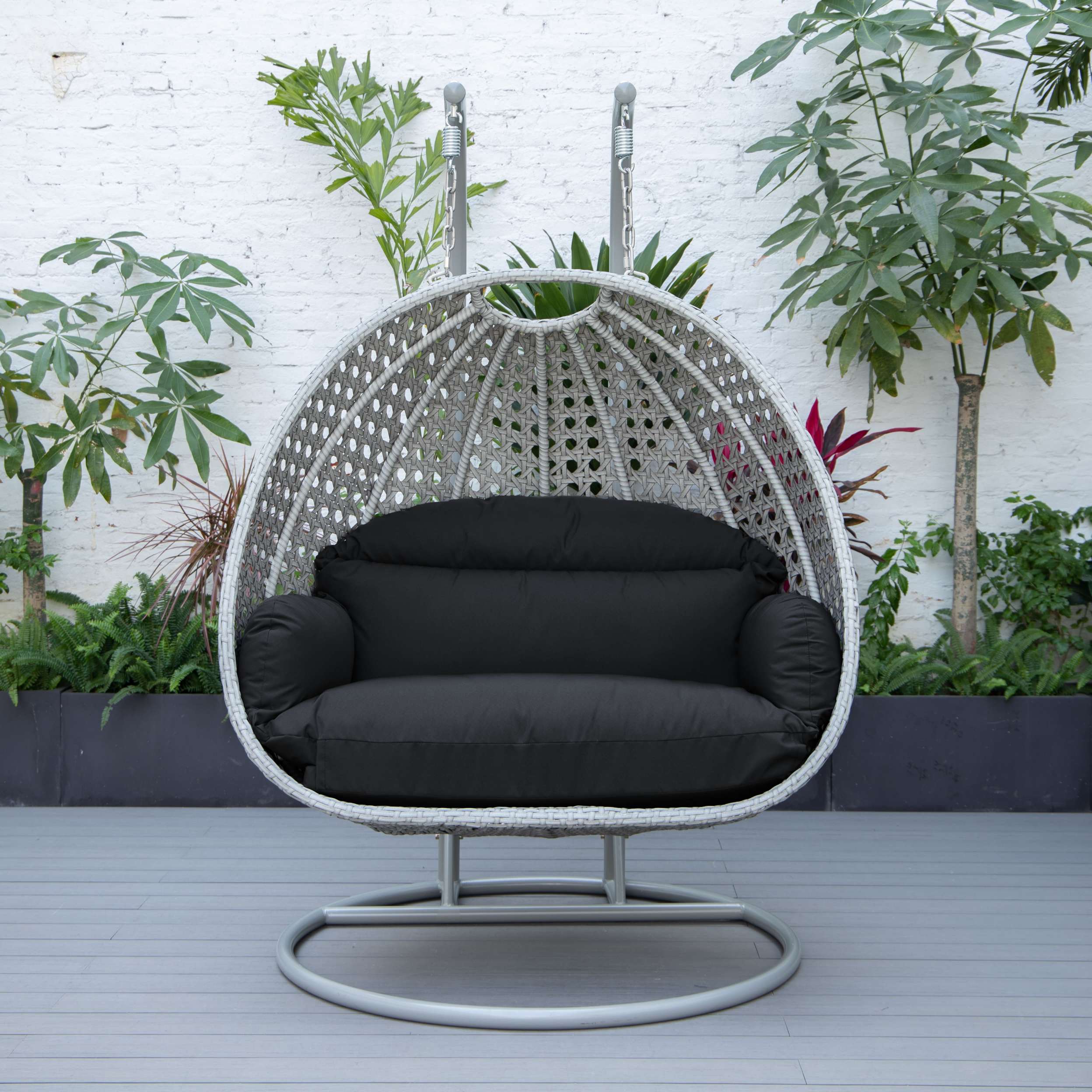 LeisureMod Mendoza Light Grey Wicker Hanging 2 person Egg Swing Chair - Image 60