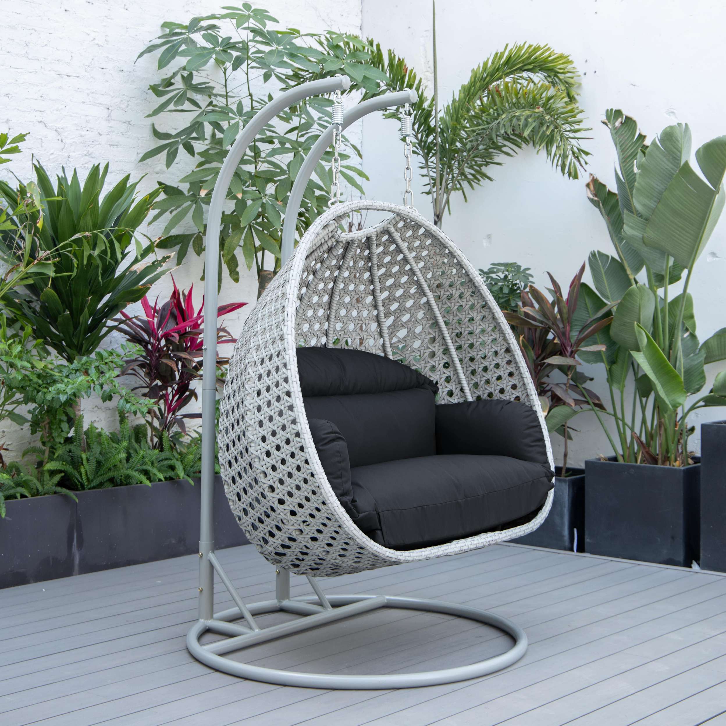 LeisureMod Mendoza Light Grey Wicker Hanging 2 person Egg Swing Chair - Image 61