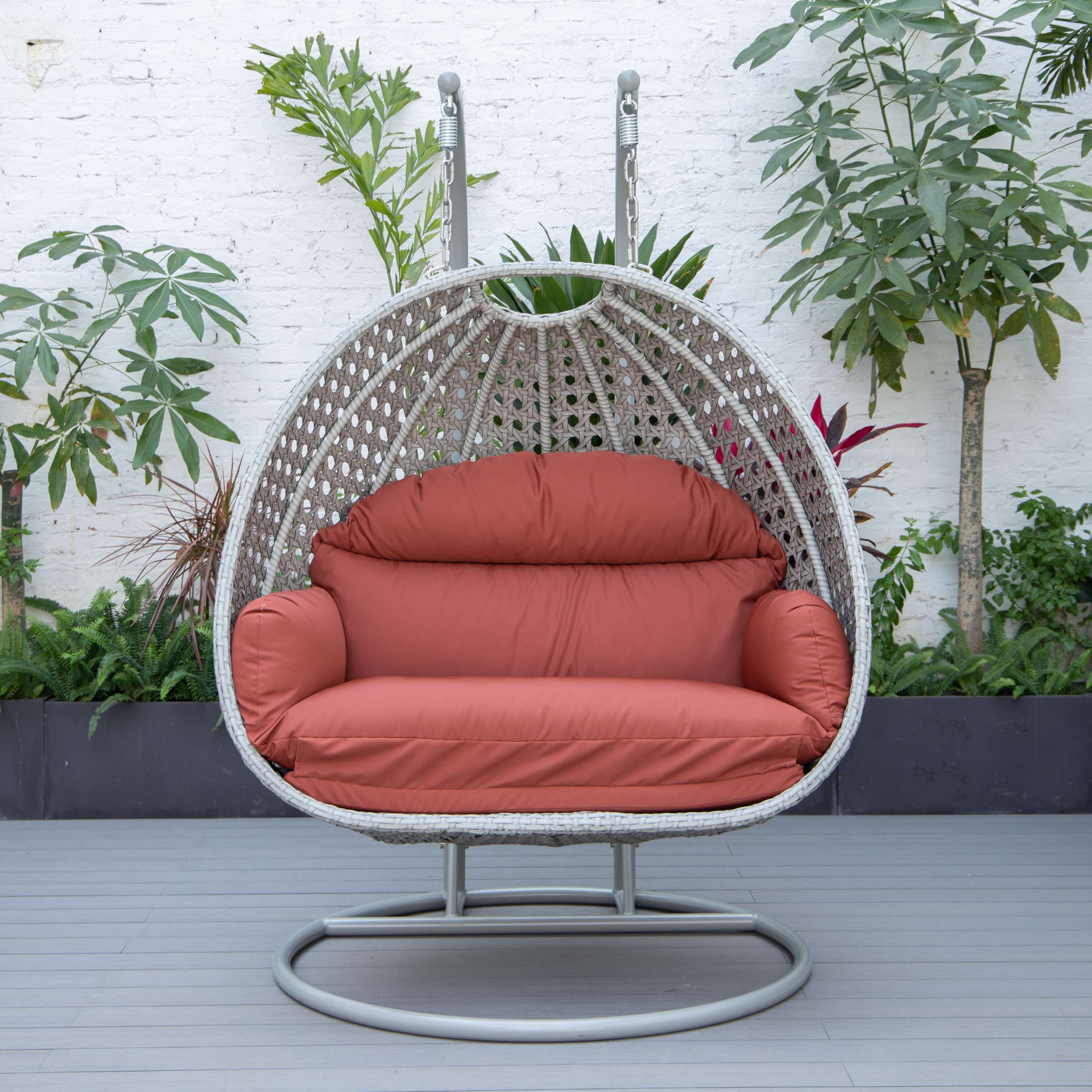LeisureMod Mendoza Light Grey Wicker Hanging 2 person Egg Swing Chair - Image 70