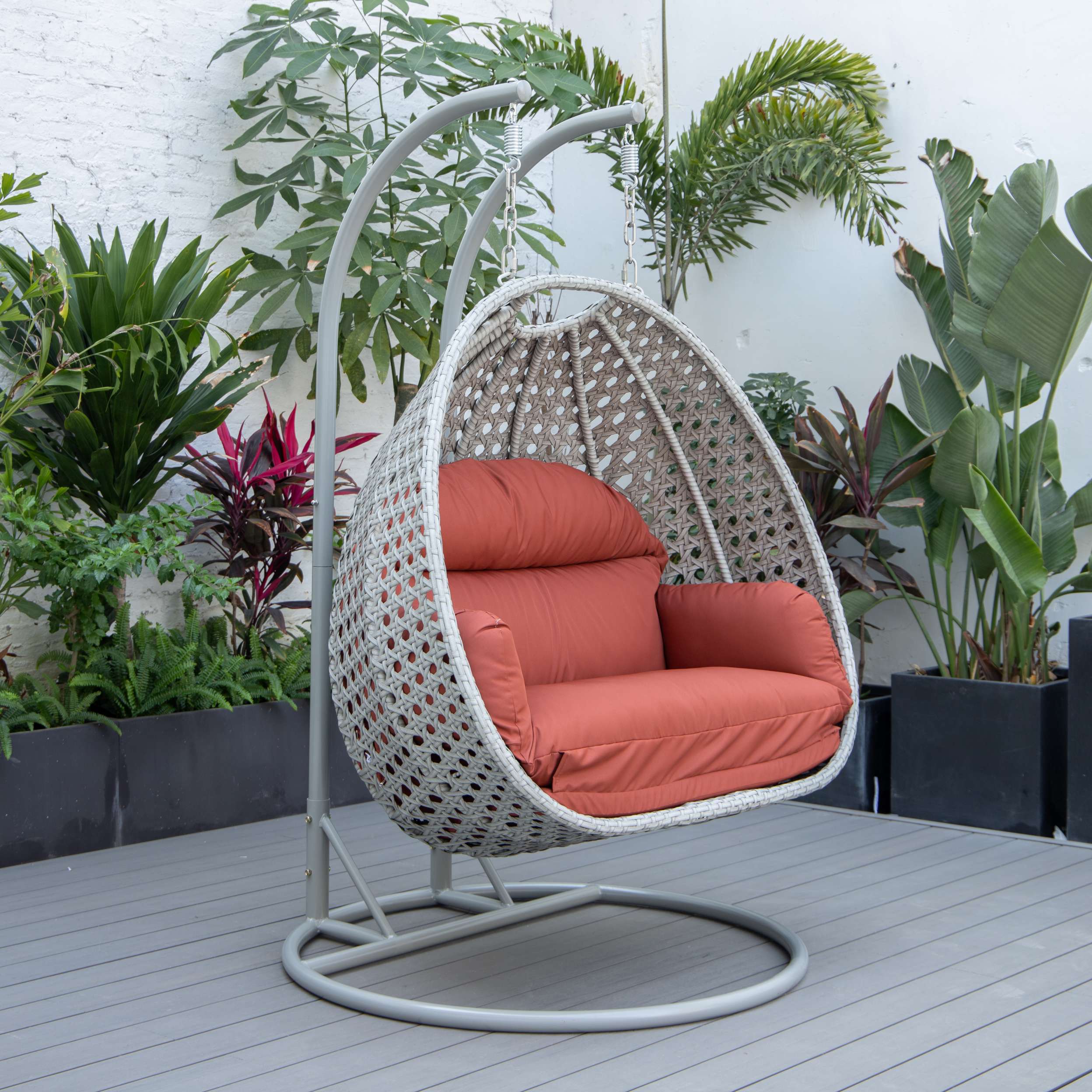 LeisureMod Mendoza Light Grey Wicker Hanging 2 person Egg Swing Chair - Image 78