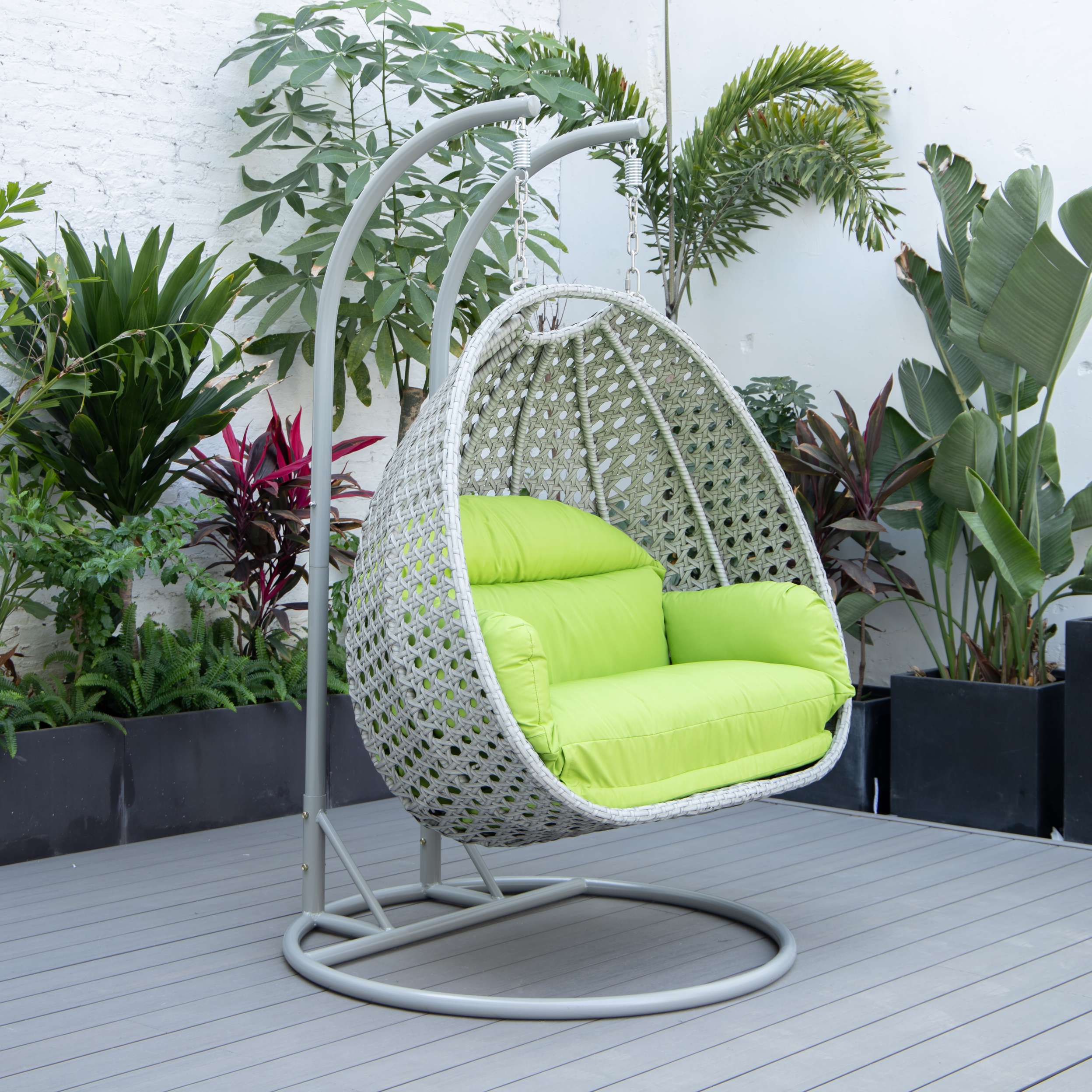 LeisureMod Mendoza Light Grey Wicker Hanging 2 person Egg Swing Chair - Image 88