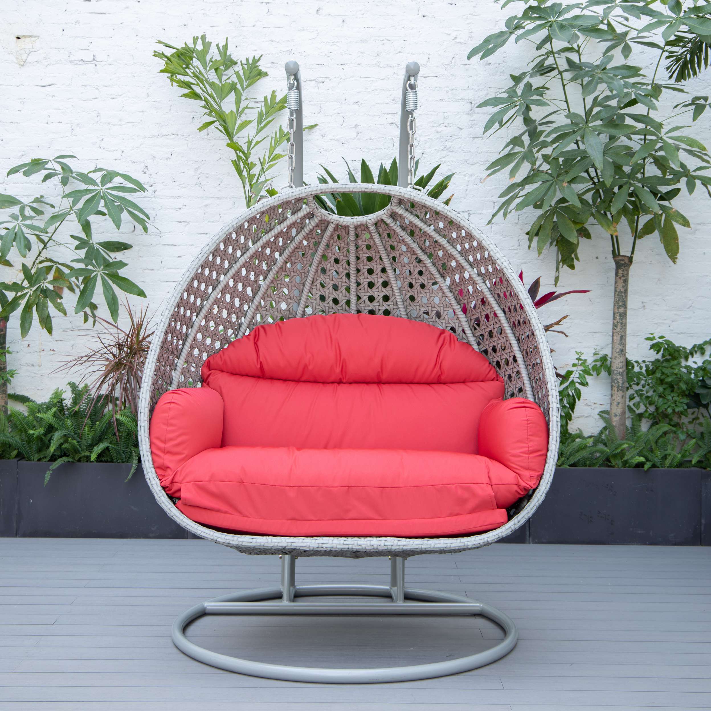 LeisureMod Mendoza Light Grey Wicker Hanging 2 person Egg Swing Chair - Image 90